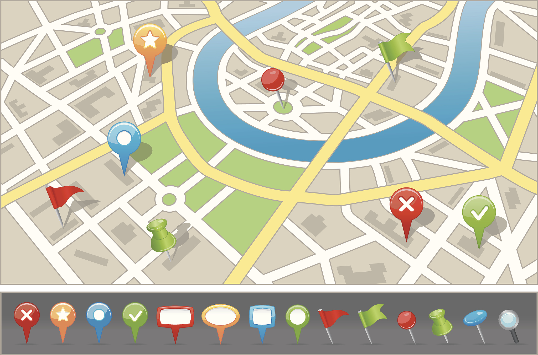 colorful drawing of a city map with navigation icons