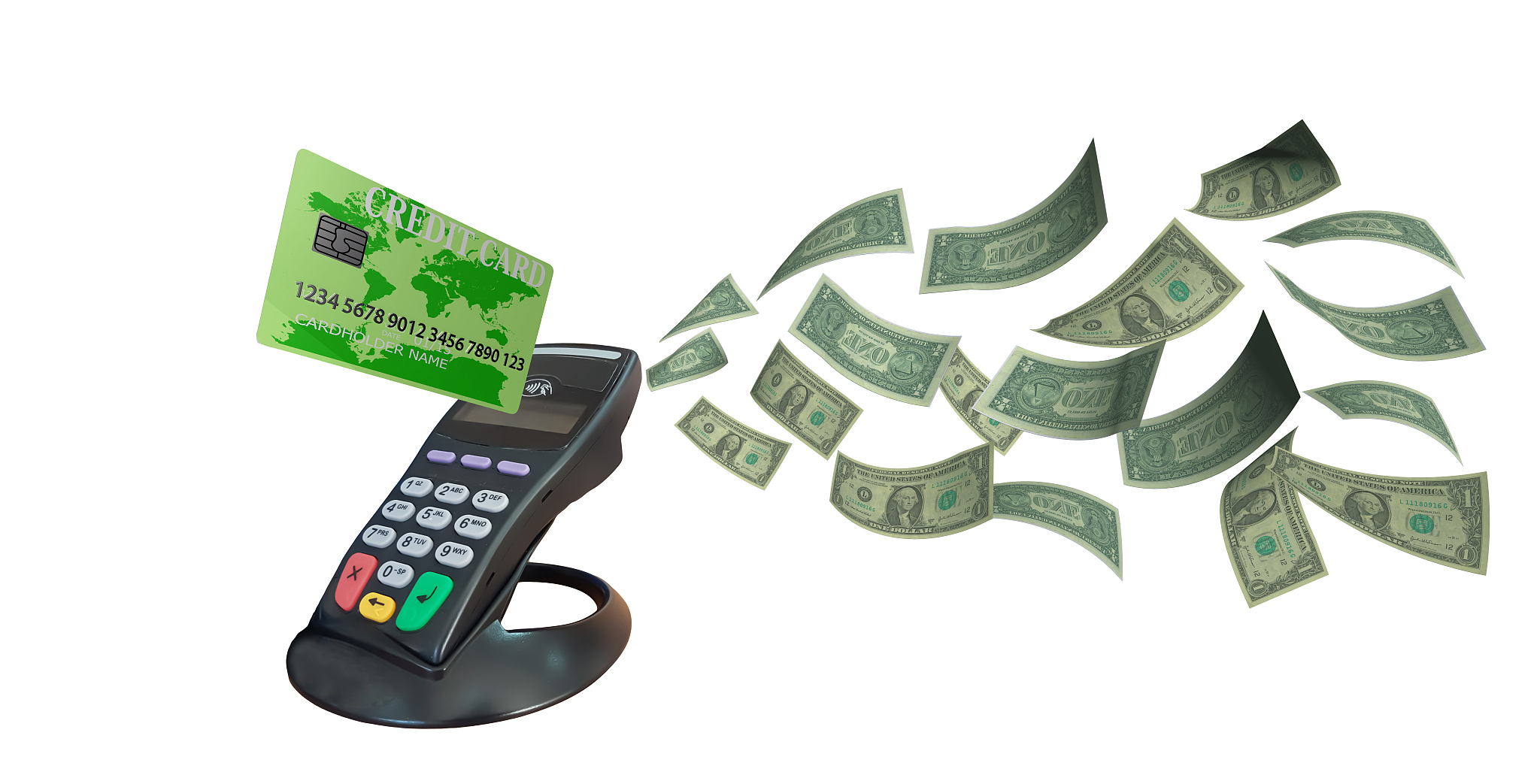pos device green credit  card dollars money  point of sale  isol