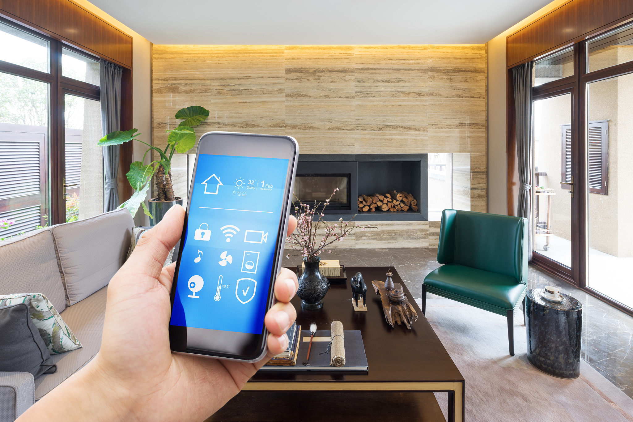 smart phone with smart home with modern living room
