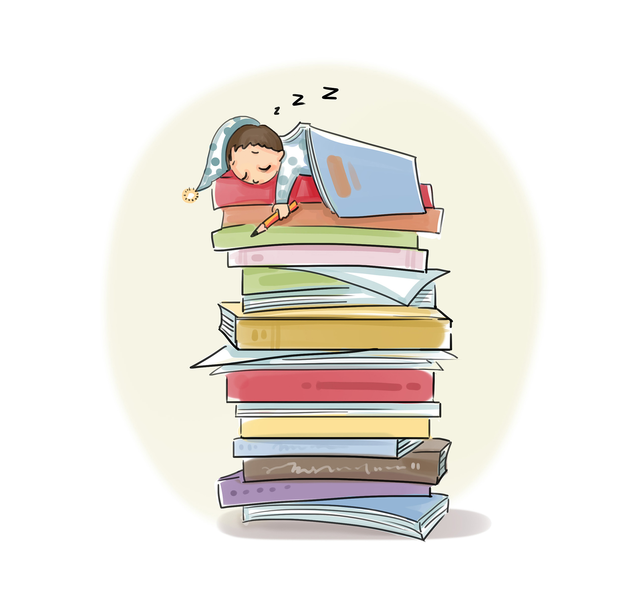 插画:儿童睡眠与书籍作业