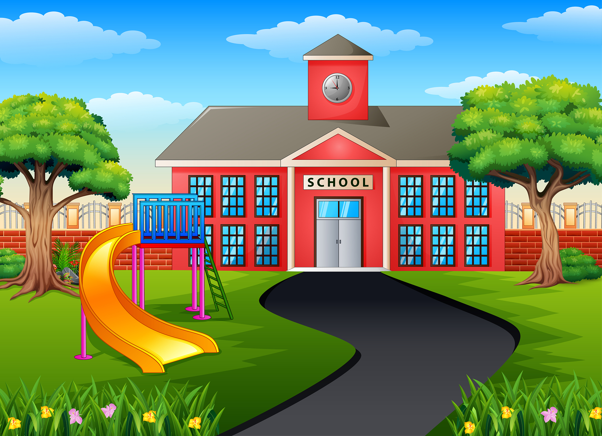 scene with school building and playground