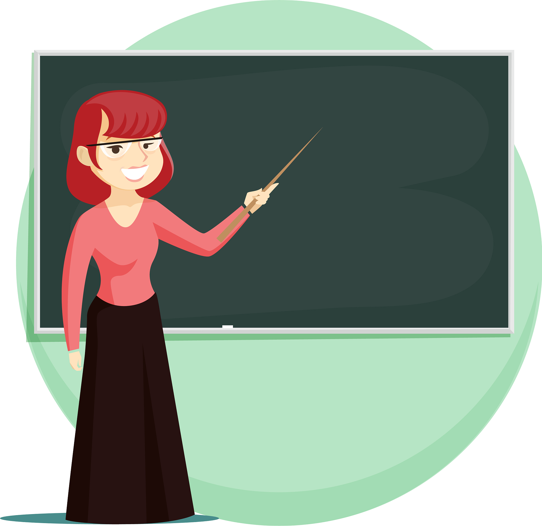 red-haired teacher stands at the blackboard