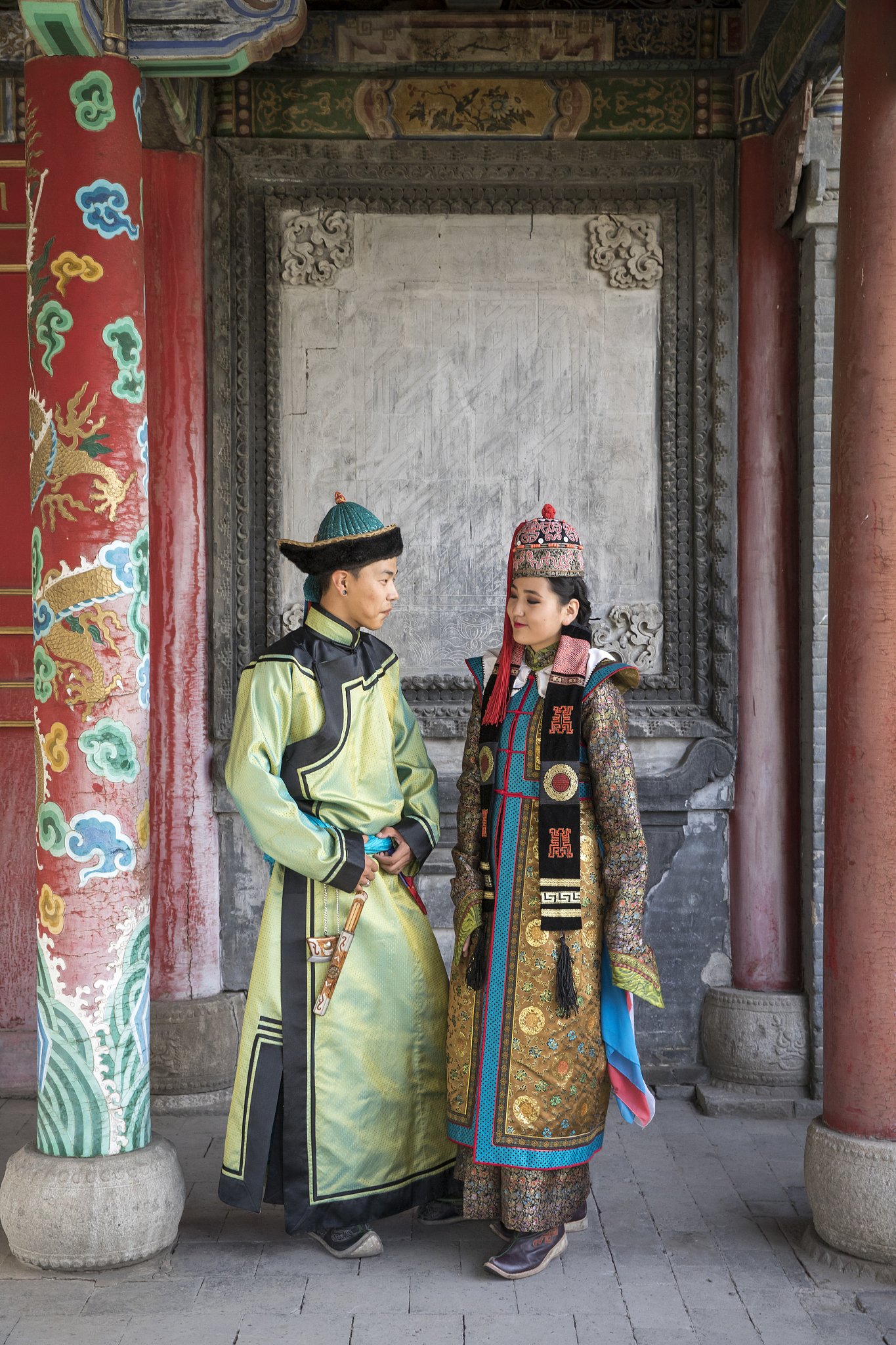 mongolian couple in traditional outfit
