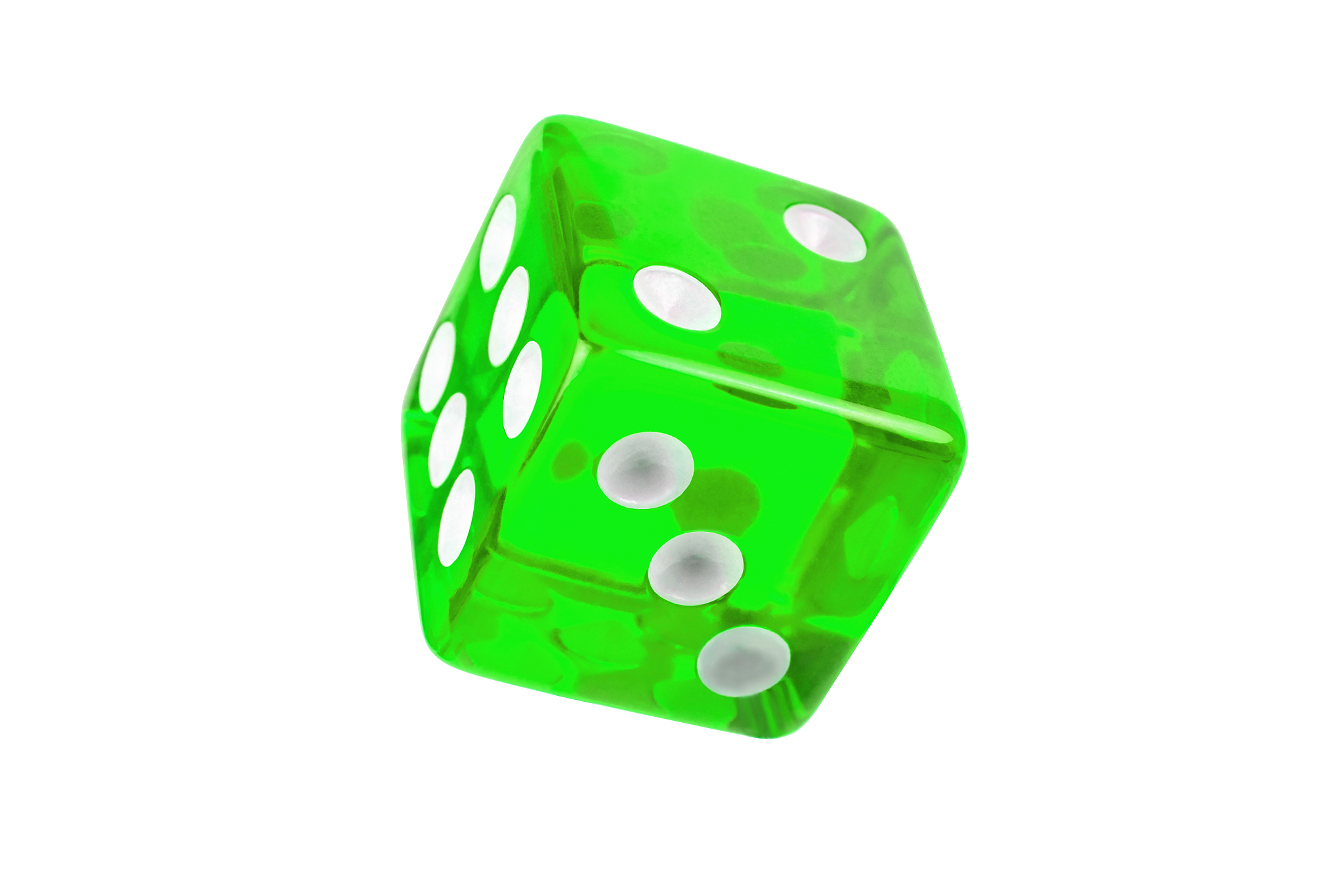 green glass dice closeup isolated on white without shadow. six, 