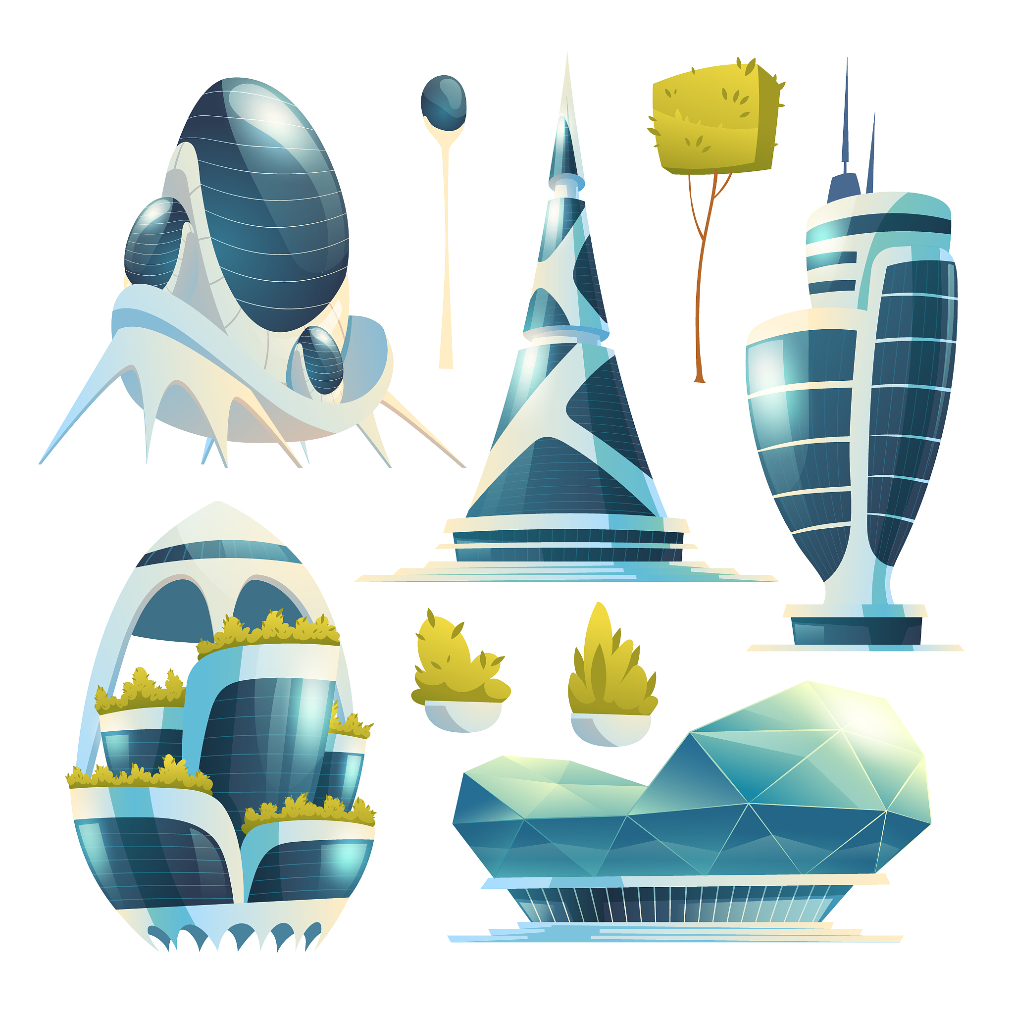 future city buildings, skyscrapers and trees