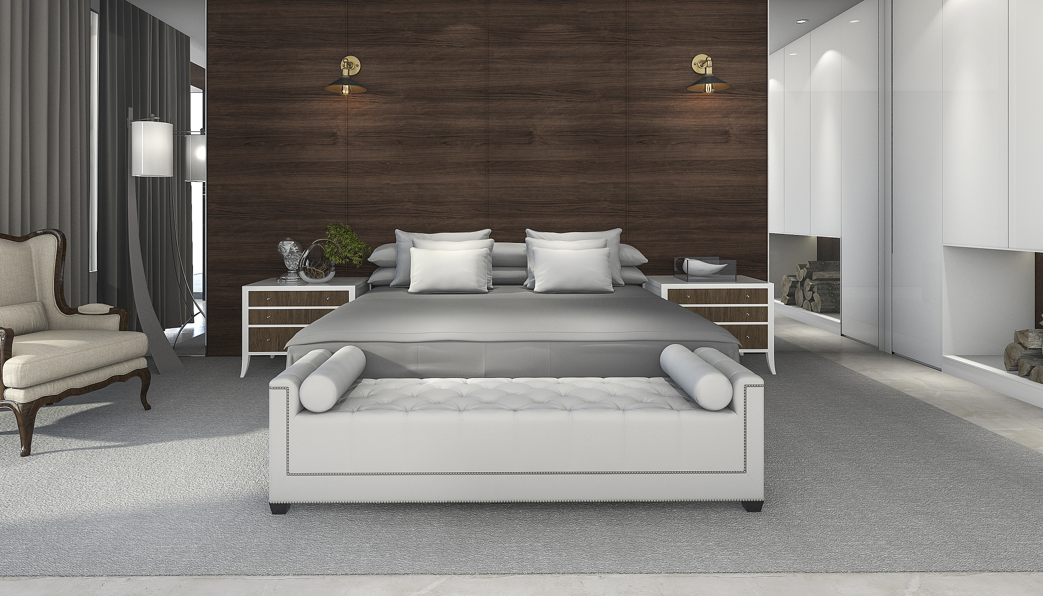 3d rendering horizontal view bedroom with nice furniture