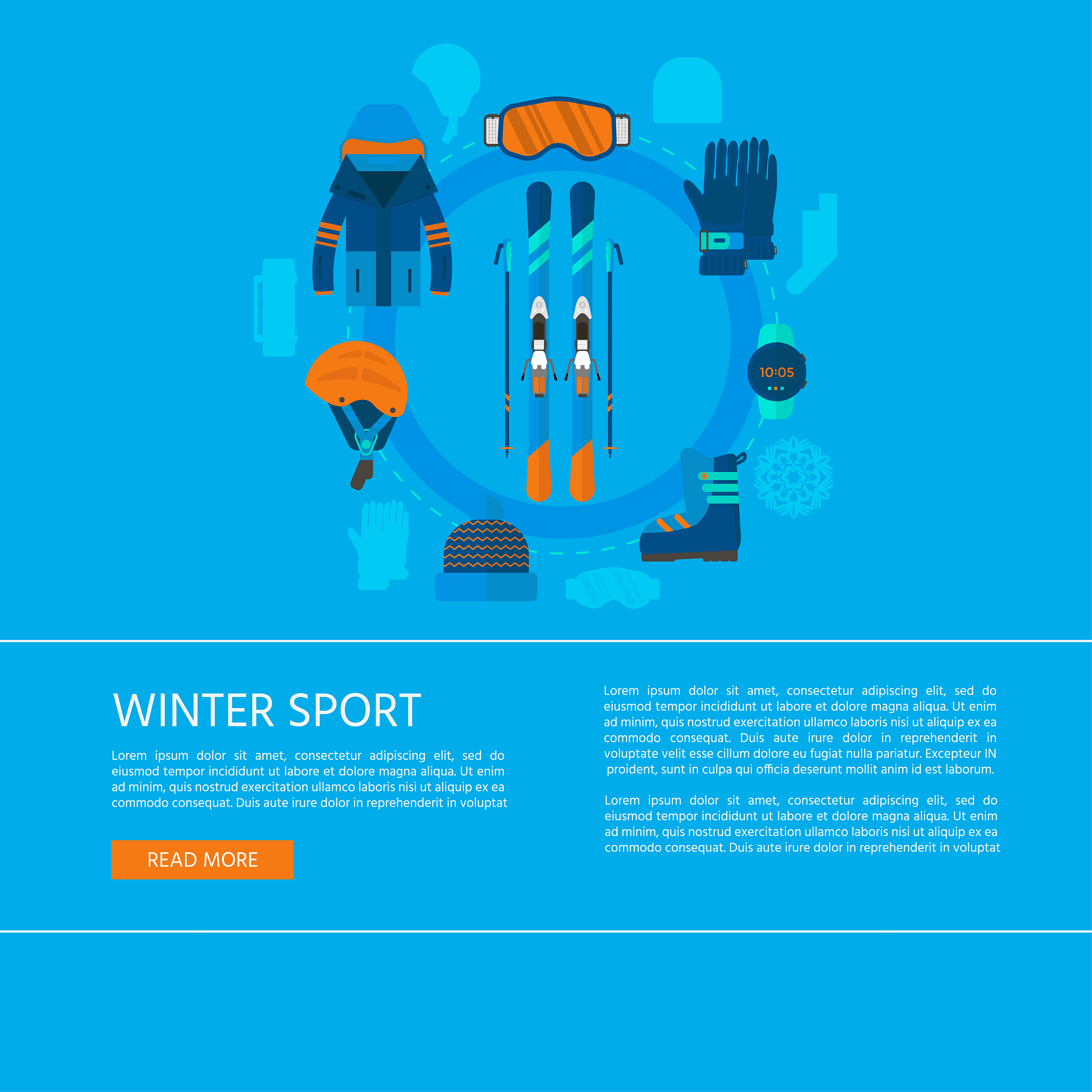 skiing and snowboarding set equipment for website concept