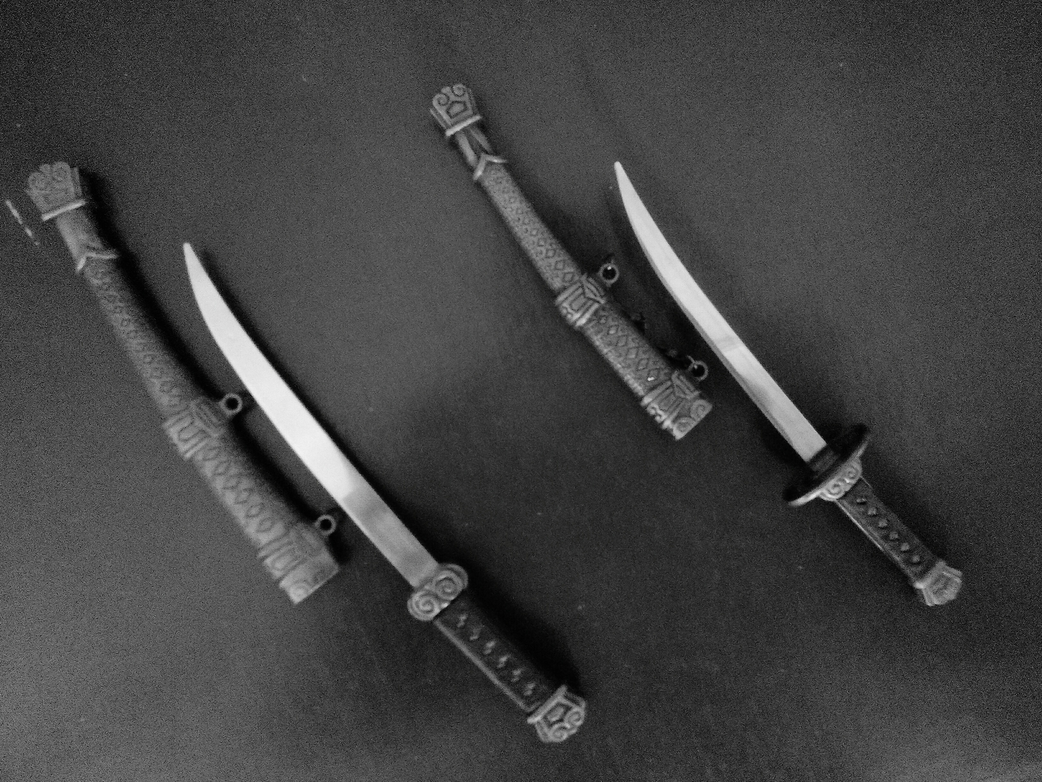 high angle view of weapons on table