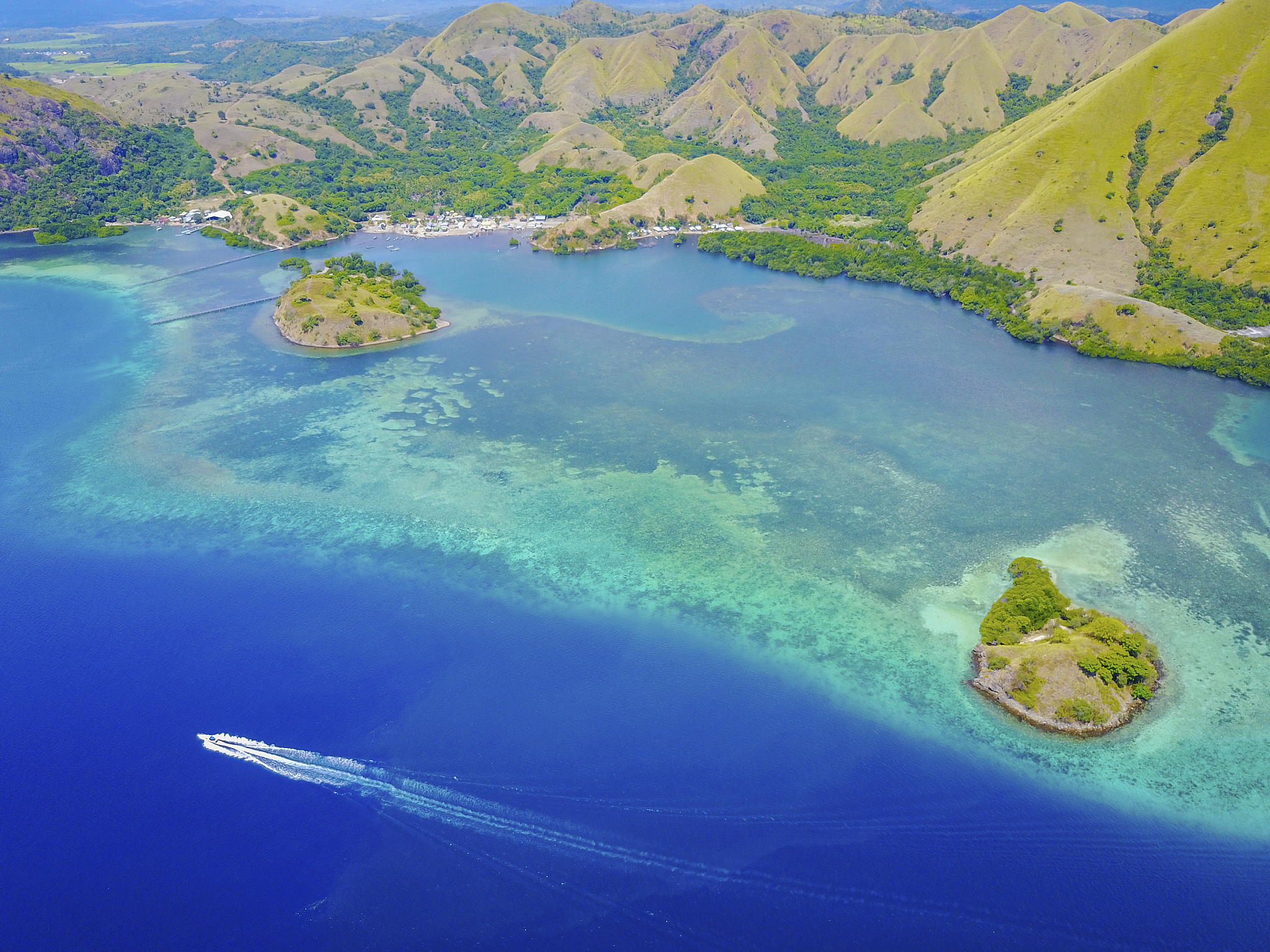 aerial view of beautiful scenery at flores island with tourist y