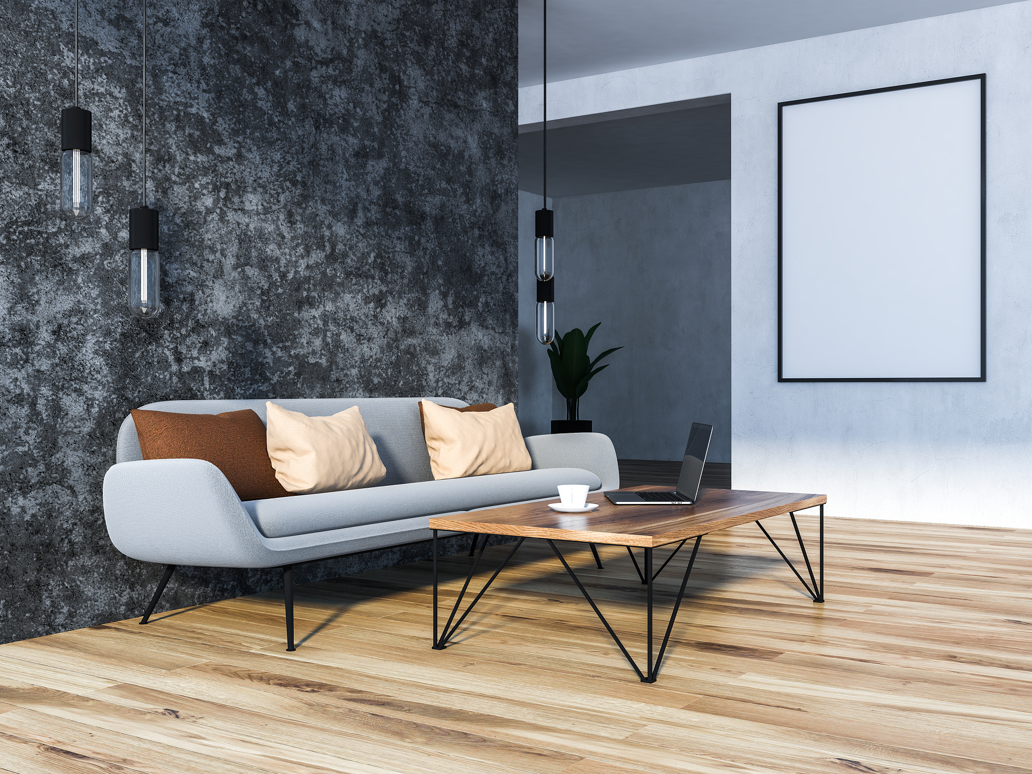 gray living room with gray sofa and poster