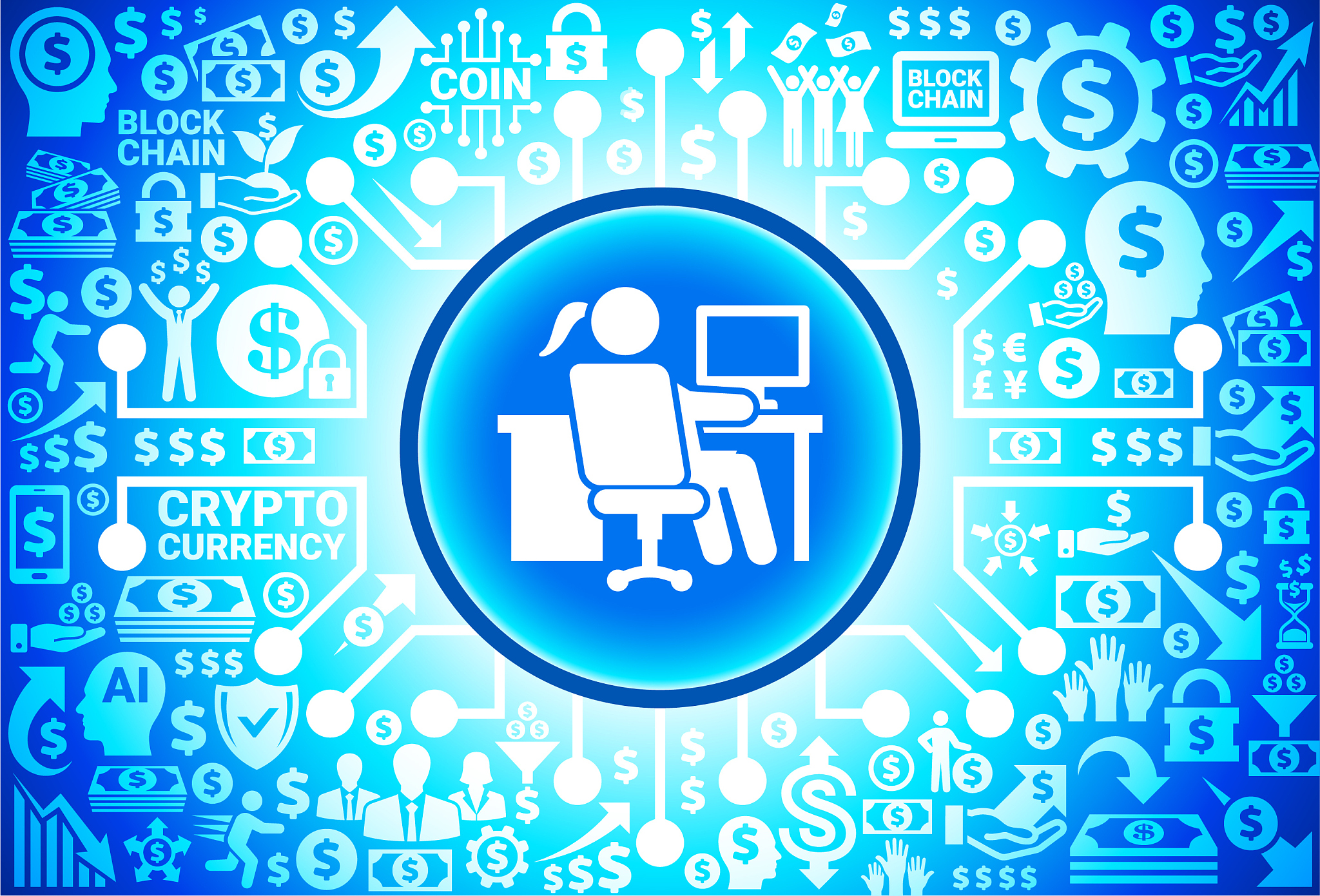 working at desk icon on money and cryptocurrency background