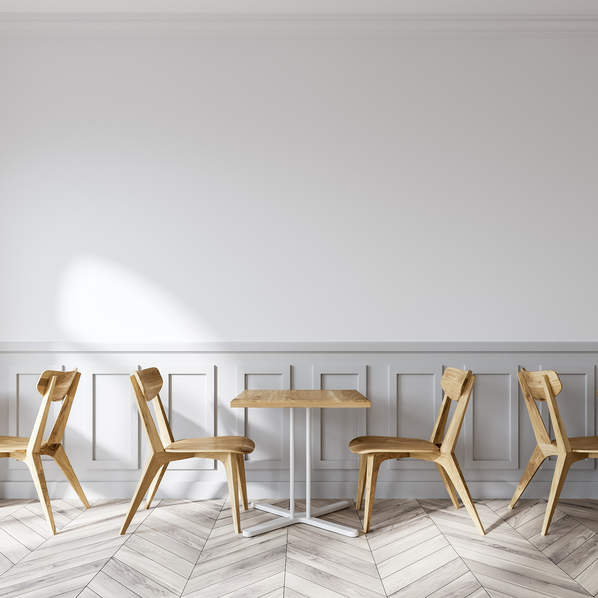 modern white coffee shop, wooden chairs