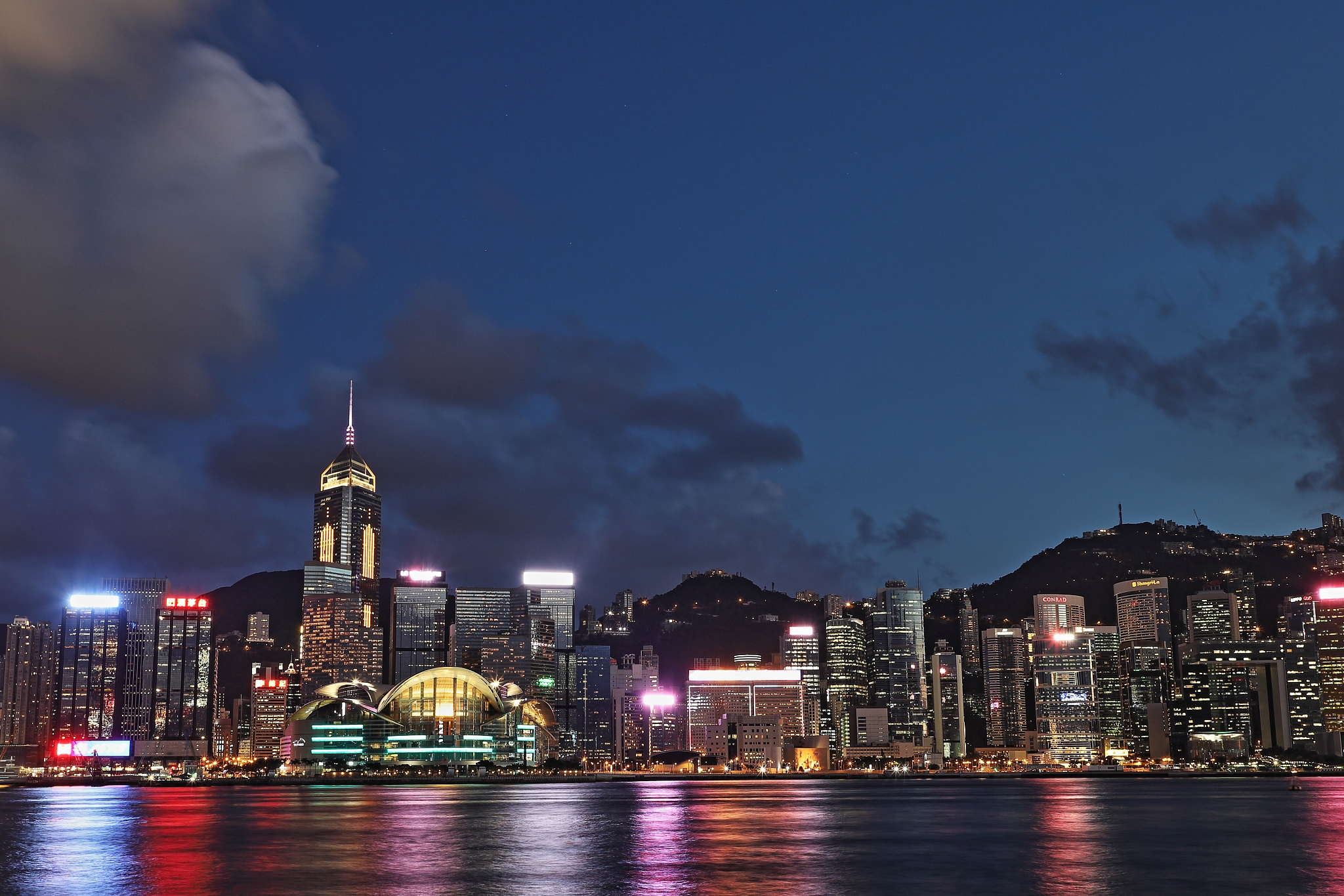 victoria harbour at night, hong kong