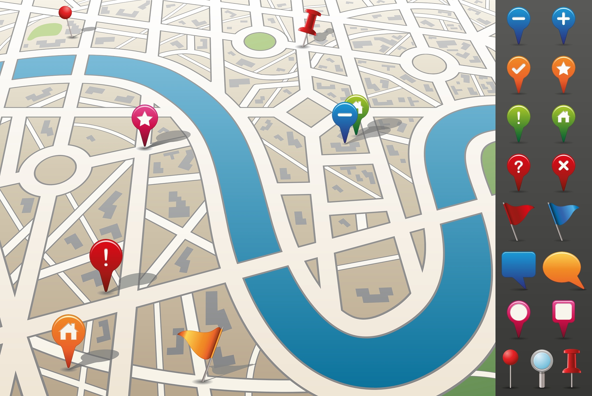 city map with gps icons