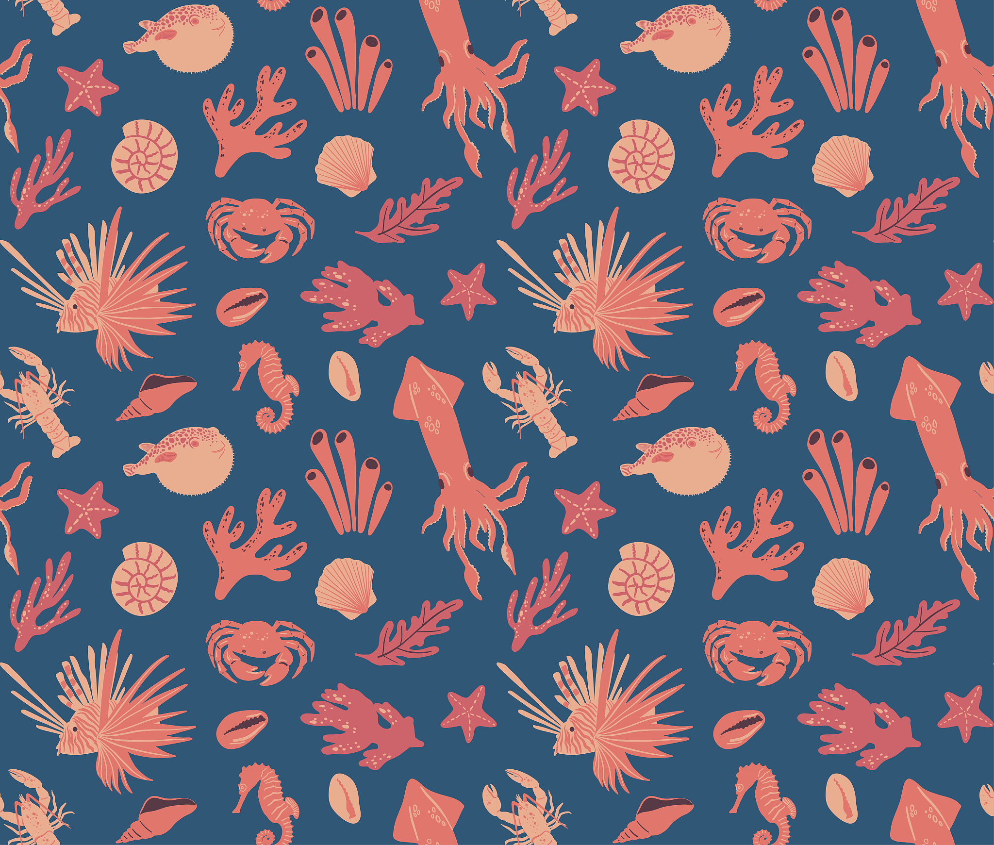 seamless pattern with crab, corals, shells, seaweed, squid, star
