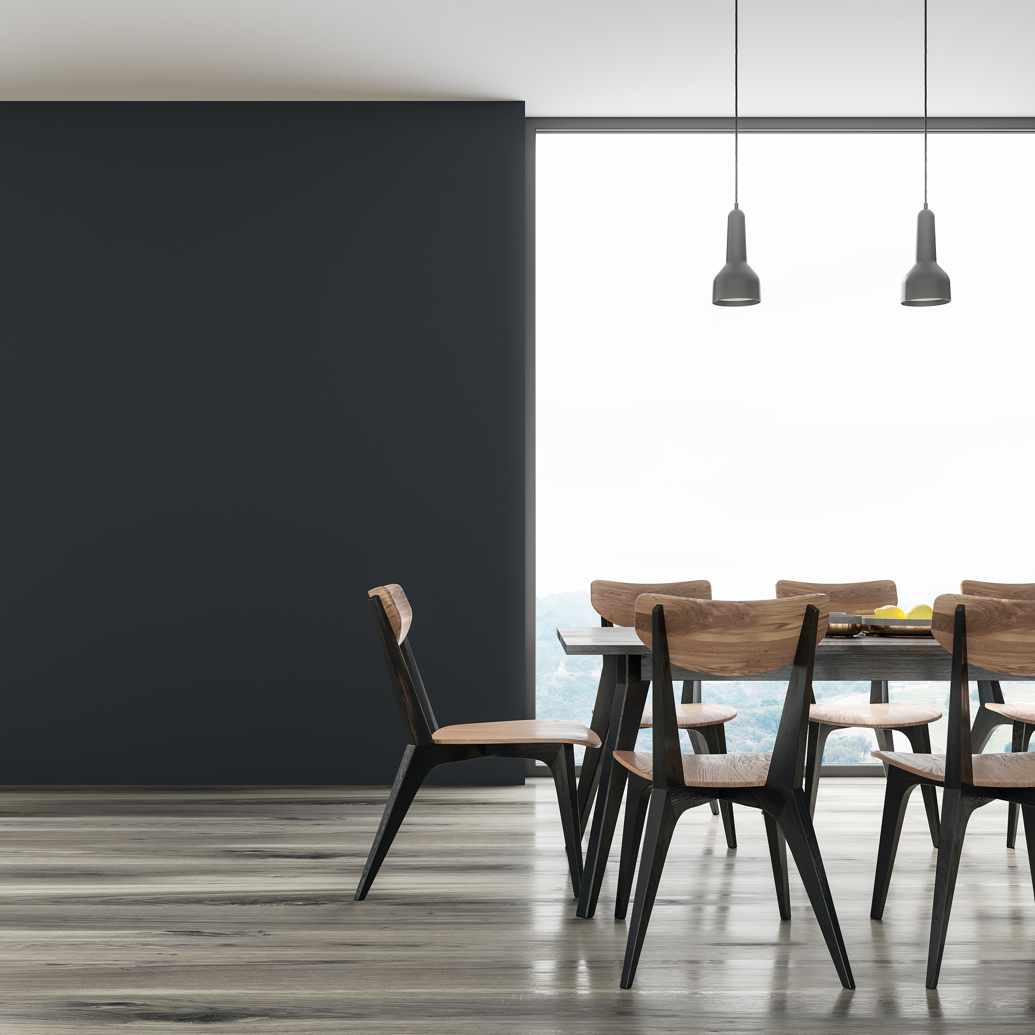 black dining table with design chairs, panoramic