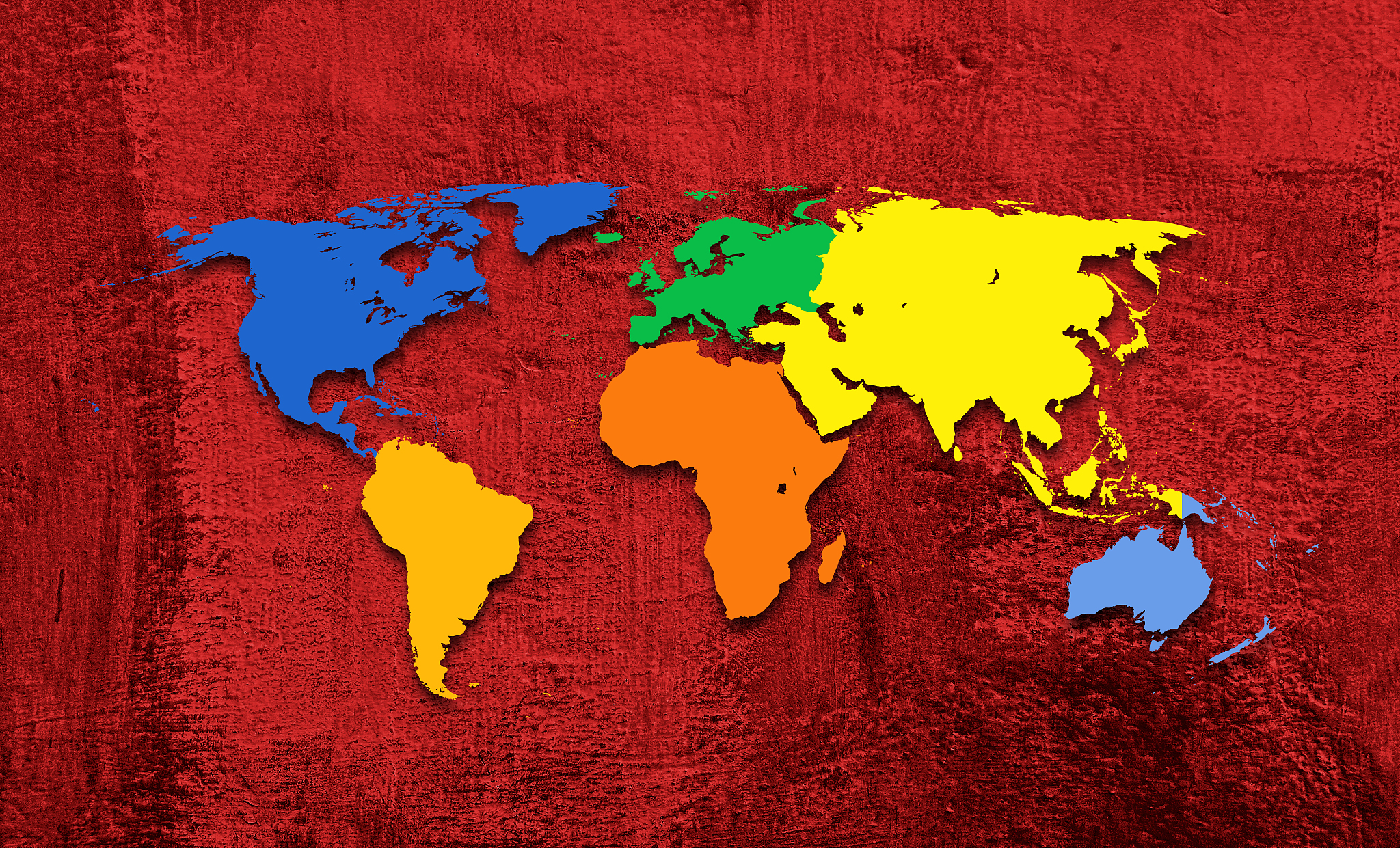 colorful world map divided into six continents on red grunge wal