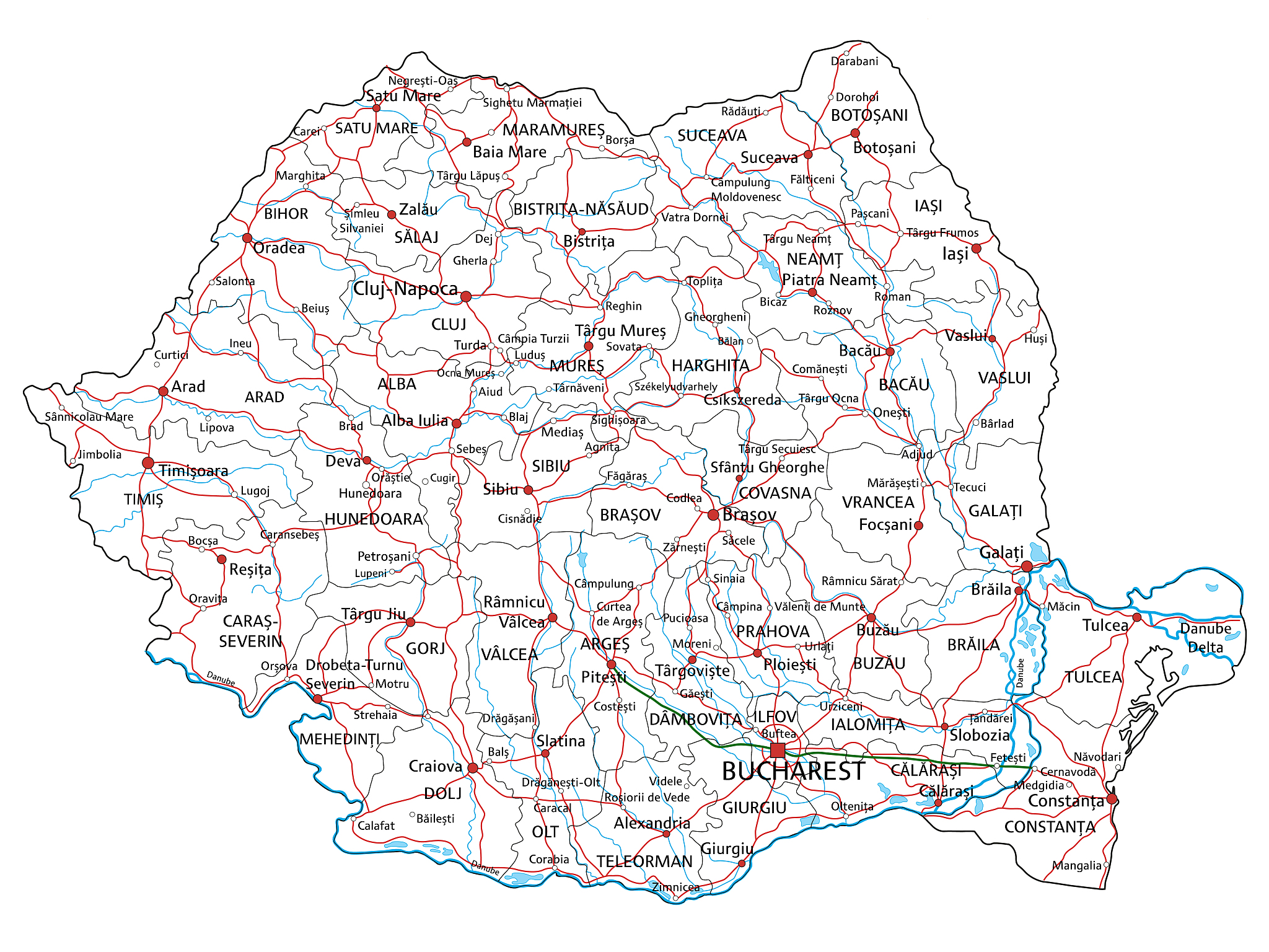 romania road and highway map. vector illustration.