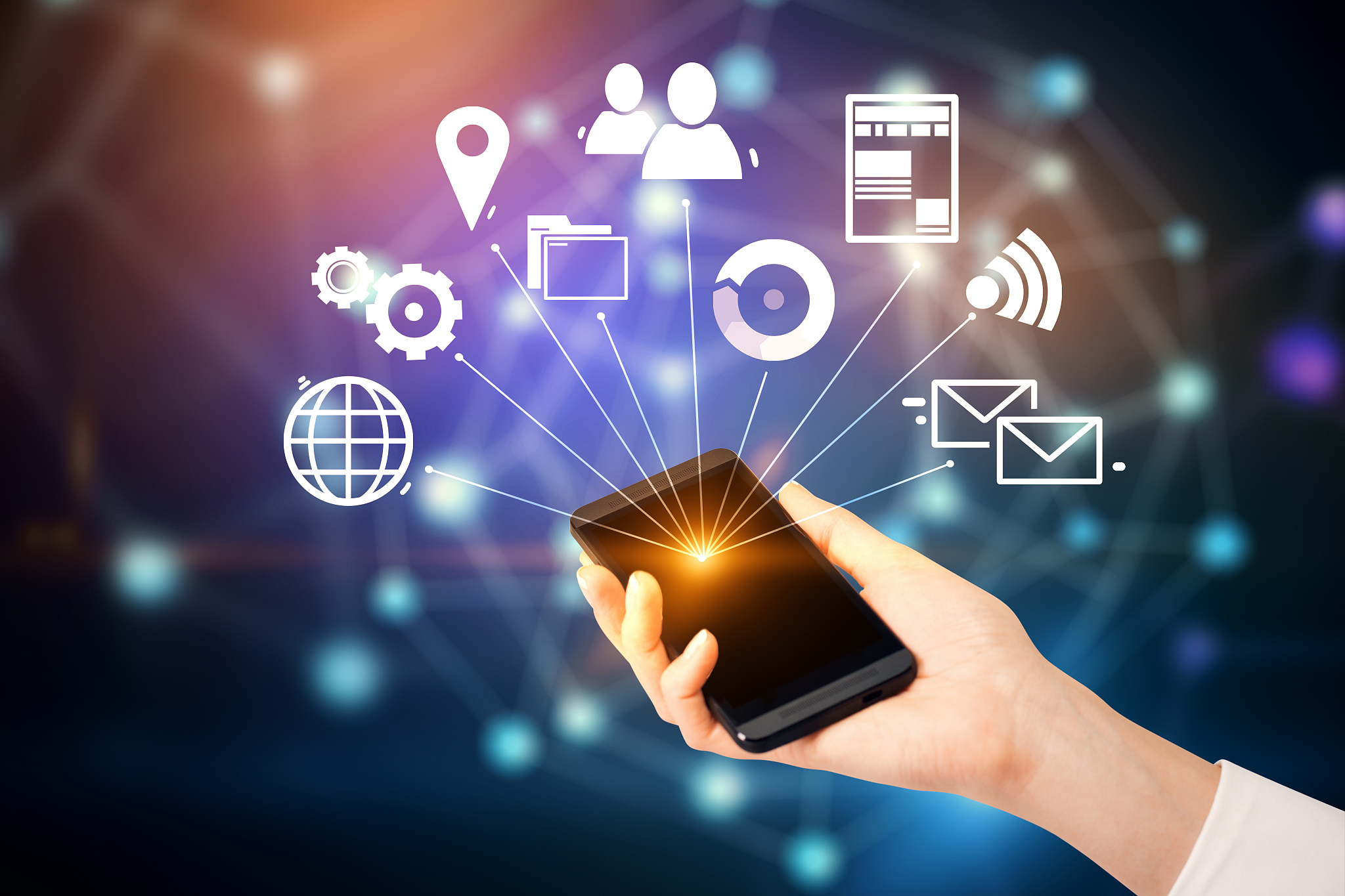 woman hand with smartphone internet icons network