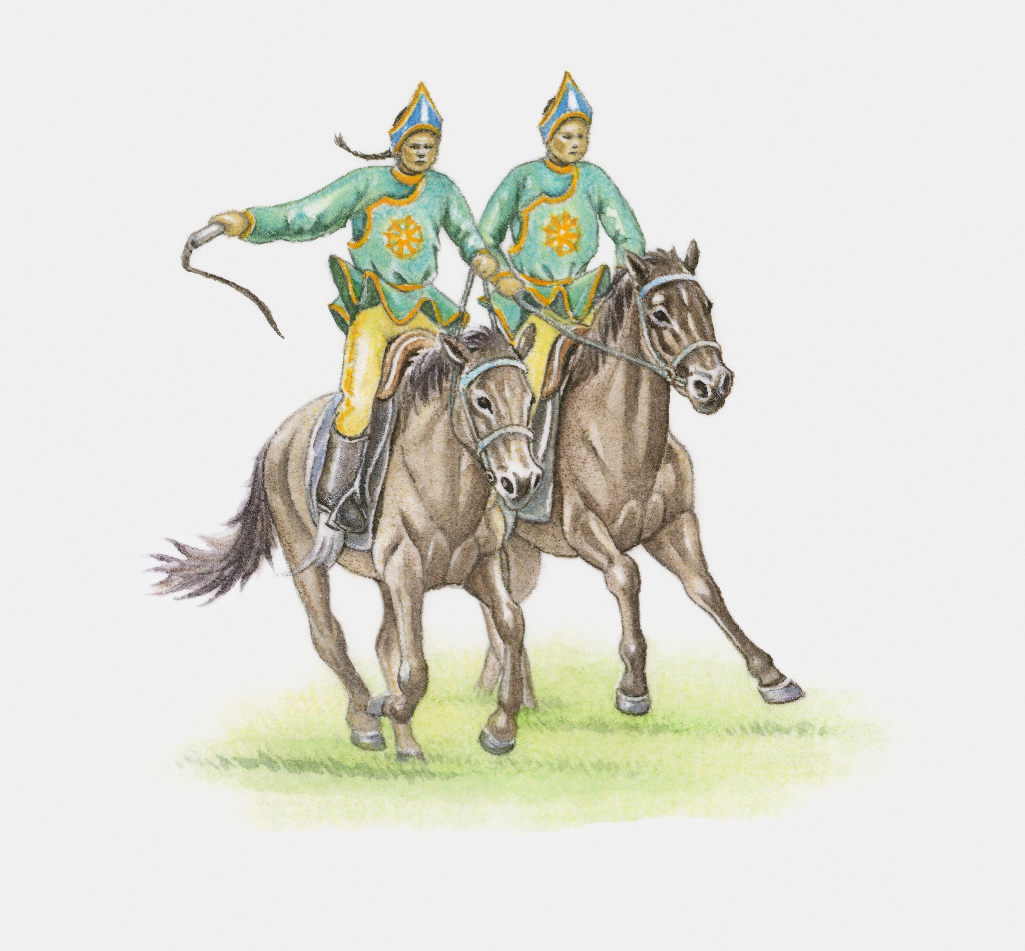 illustration of two 13th century mongolian soldiers on horseback