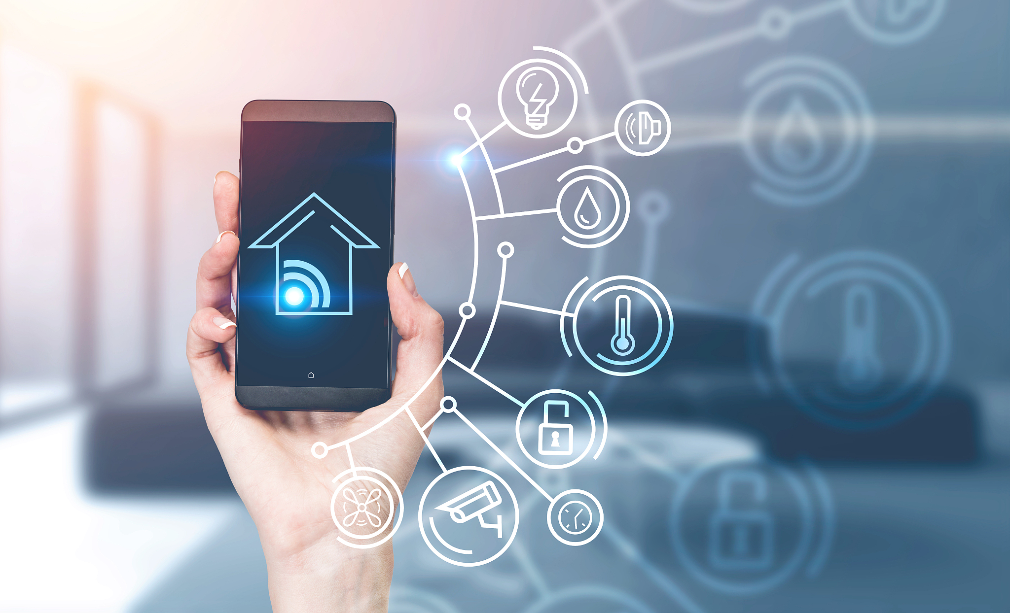 woman hand with phone, smart home interface