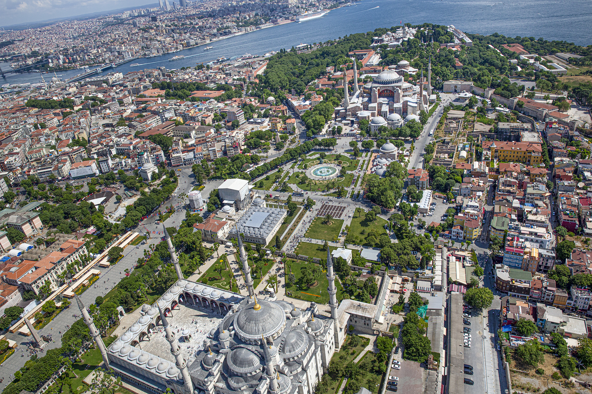 istanbul aerial photo. view of from helicopter ; blue mosque.