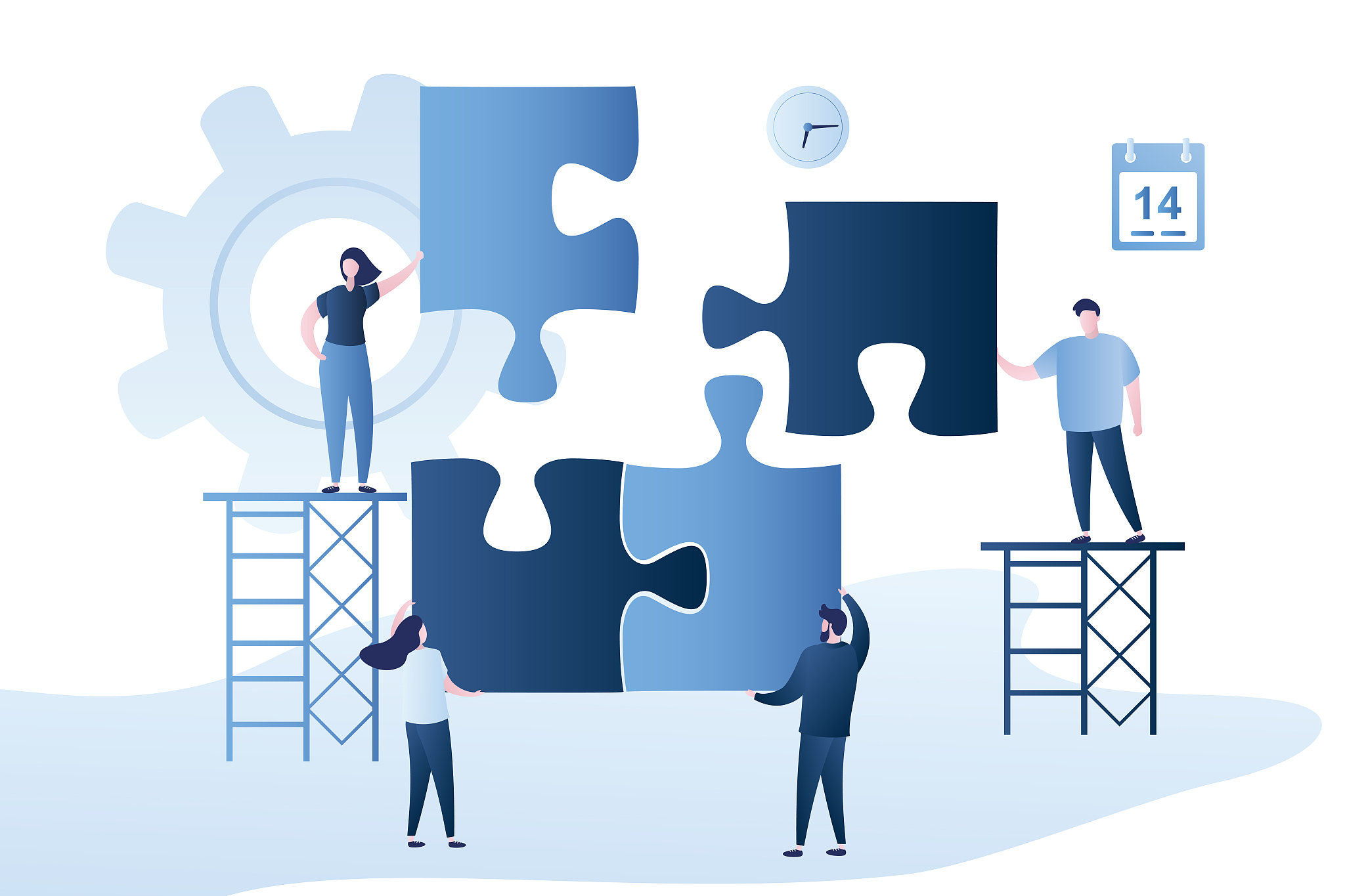 various business people with parts of puzzle. teamwork and busin