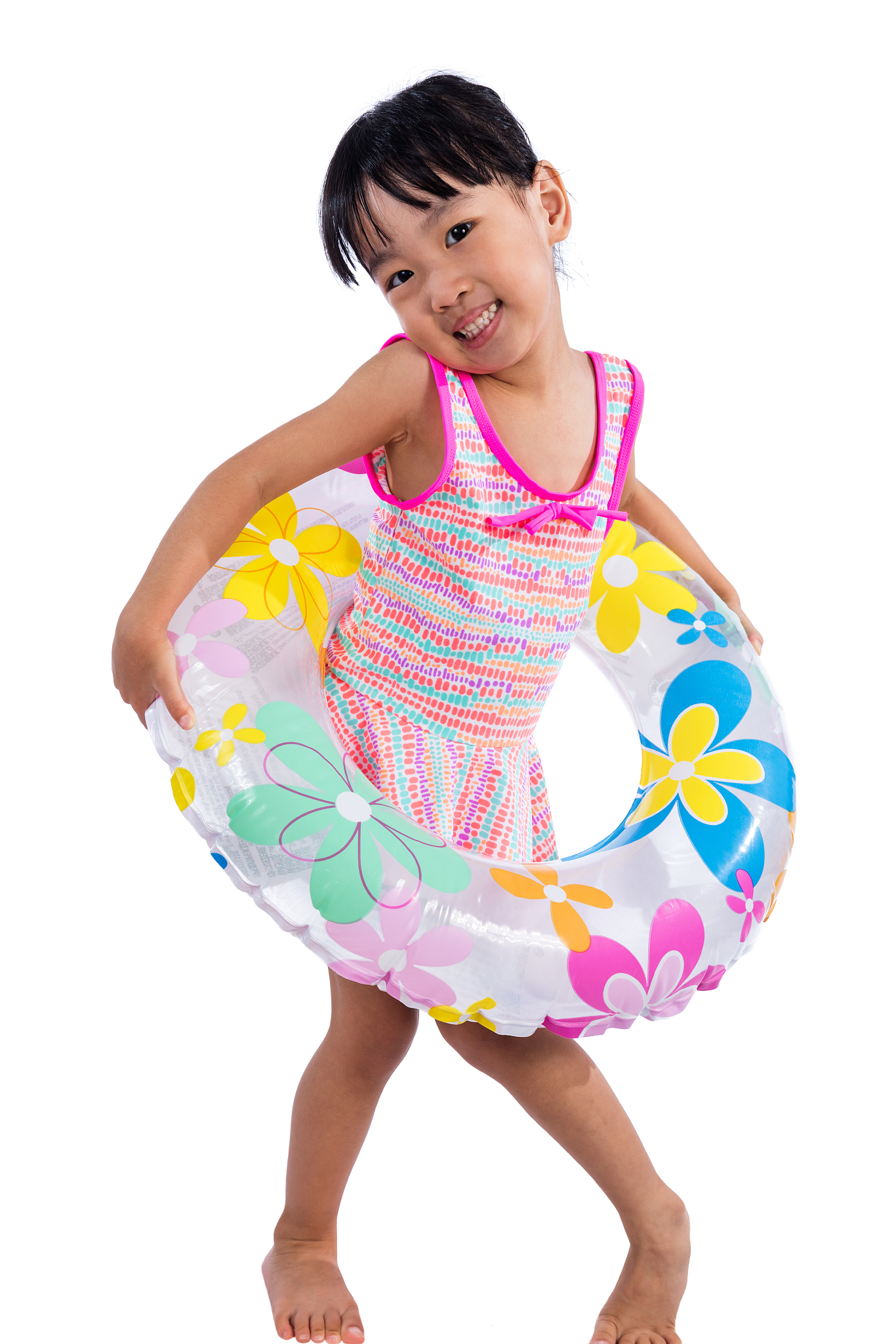 asian chinese little girl portrait wearing swimsuit with swim ri
