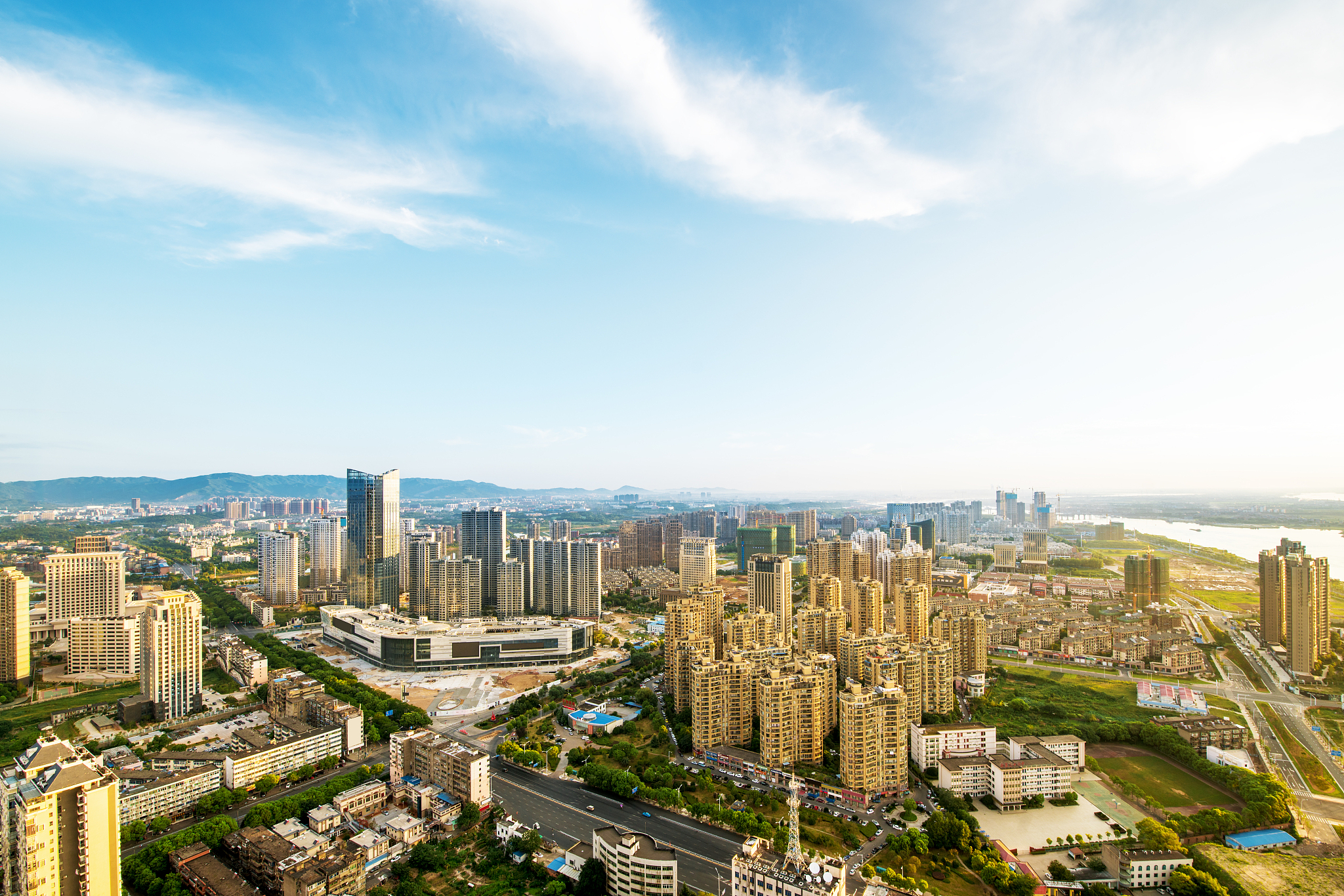 empty floor with modern skyline and buildings