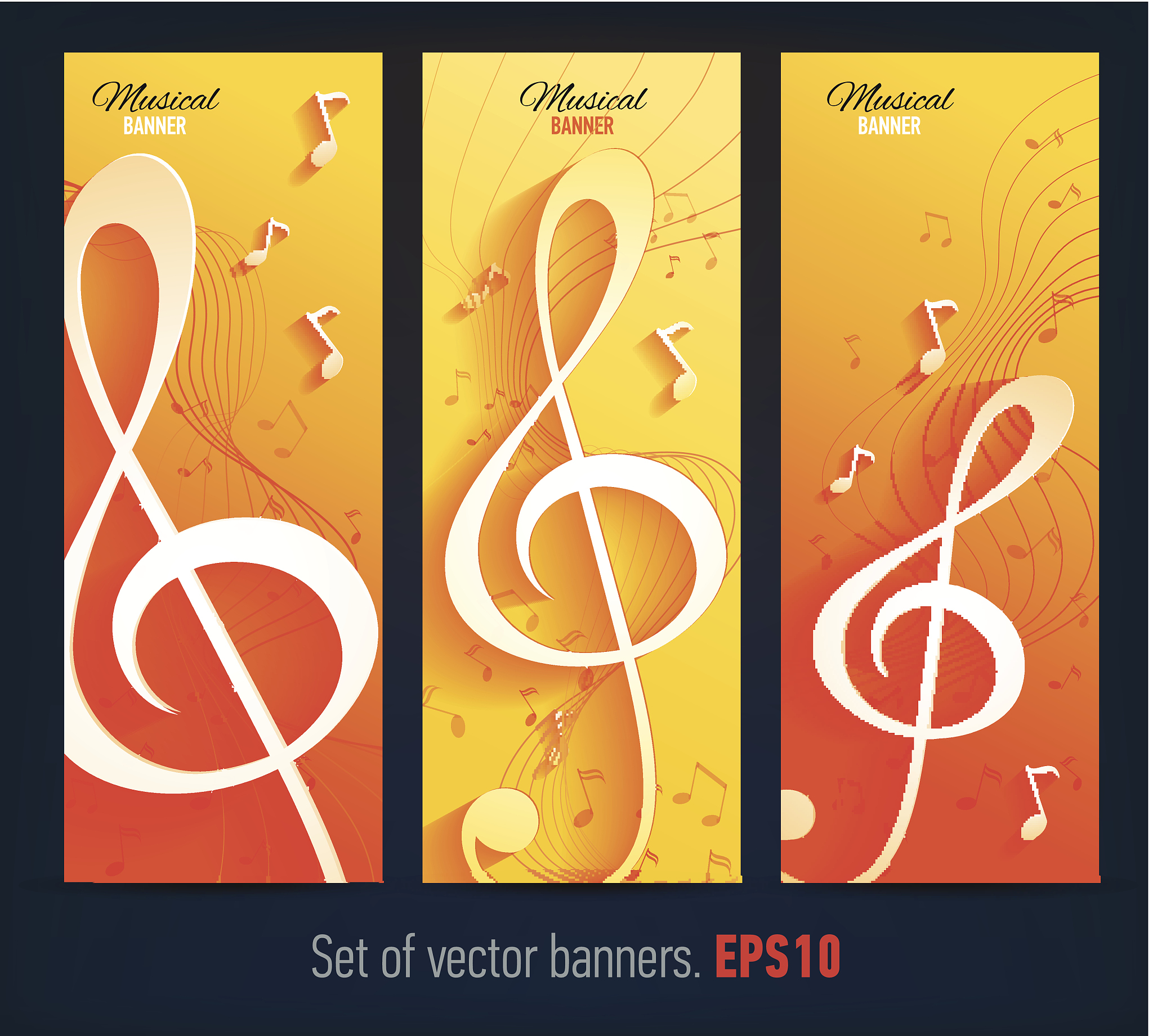 set of banners with music notes and key