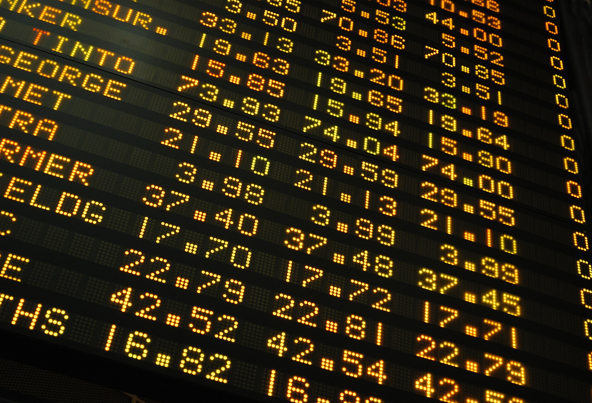 stock exchange share prices on an electronic display board