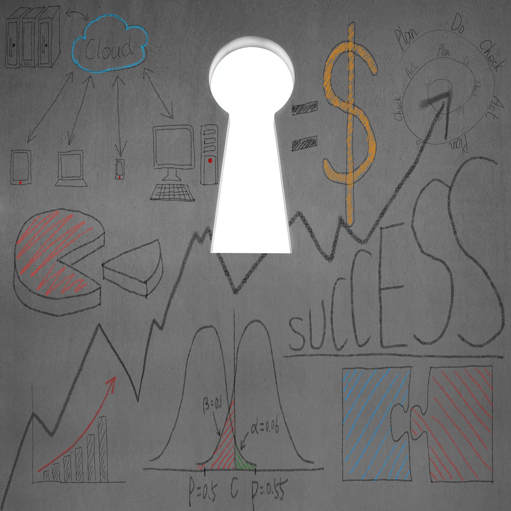 business doodles with key shape door on wall