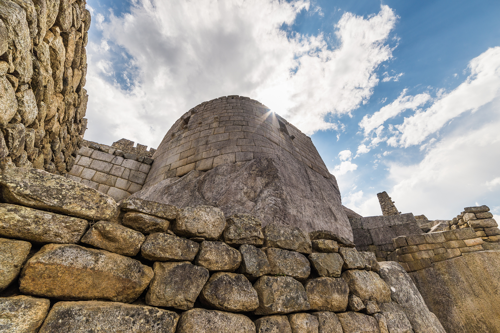 detailed wide angle view of machu picchu buildings, peru
