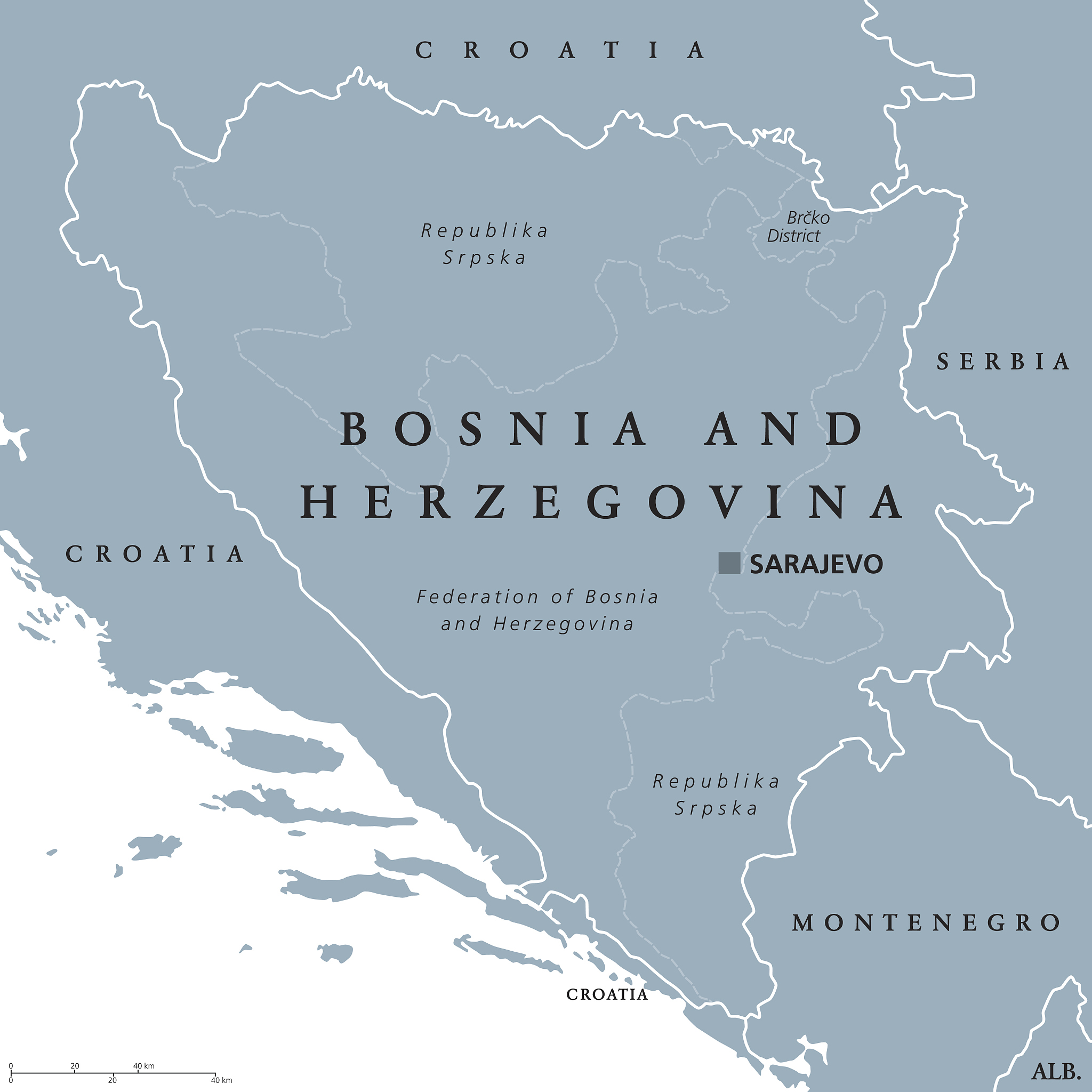bosnia and herzegovina political map with capital sarajevo