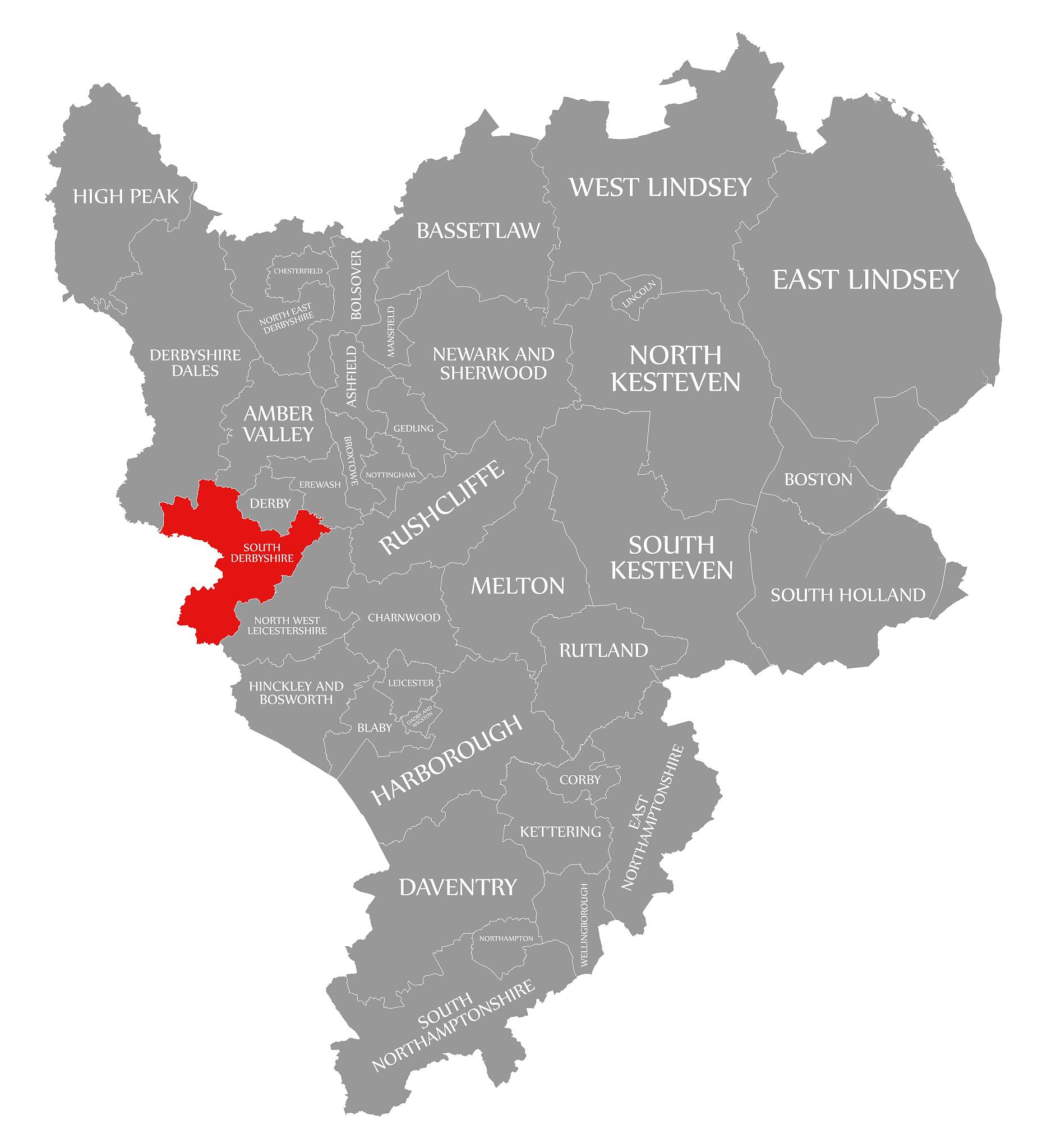 south derbyshire red highlighted in map of east midlands england