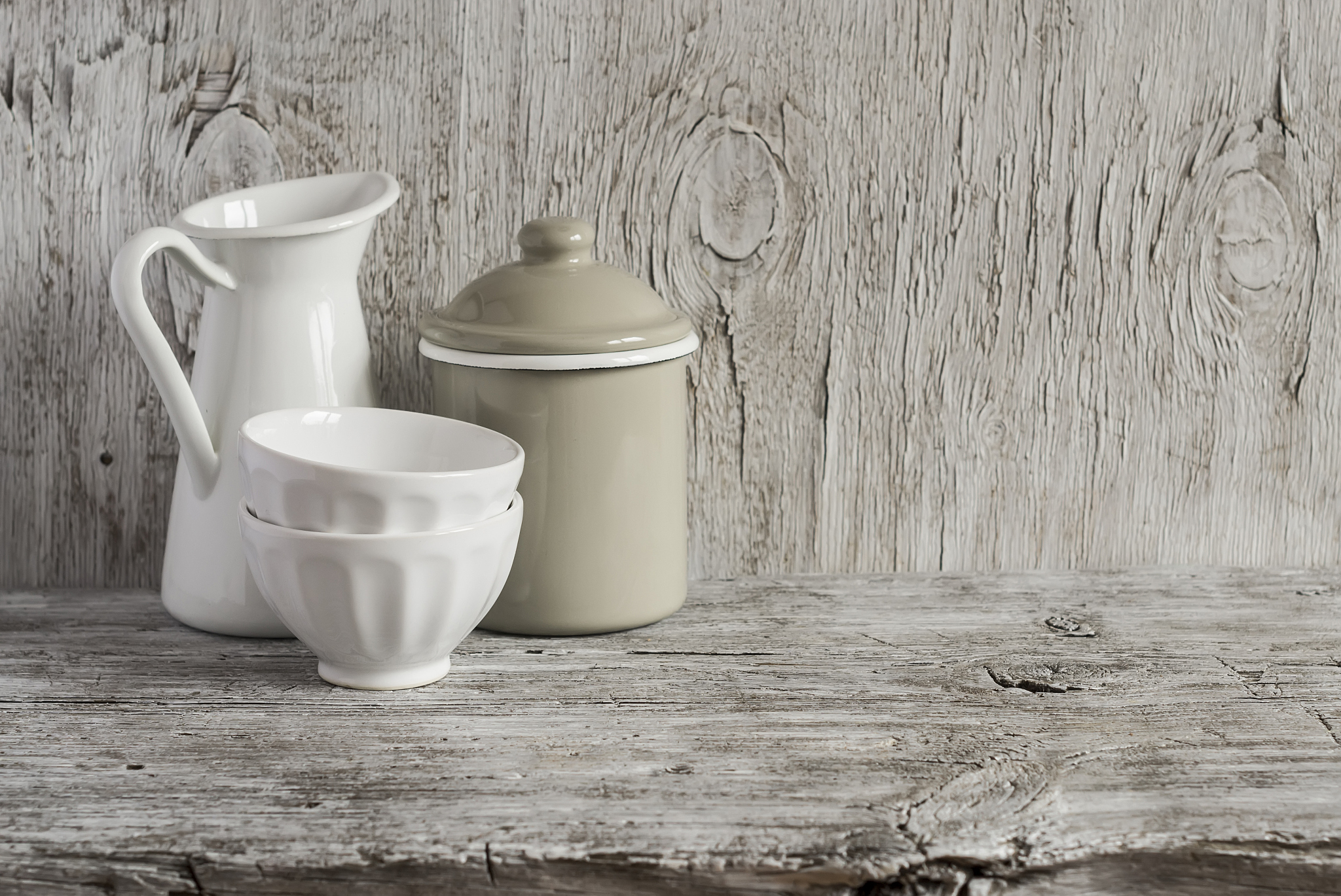 vintage crockery - enamel jug, enameled jar and ceramic bowl
