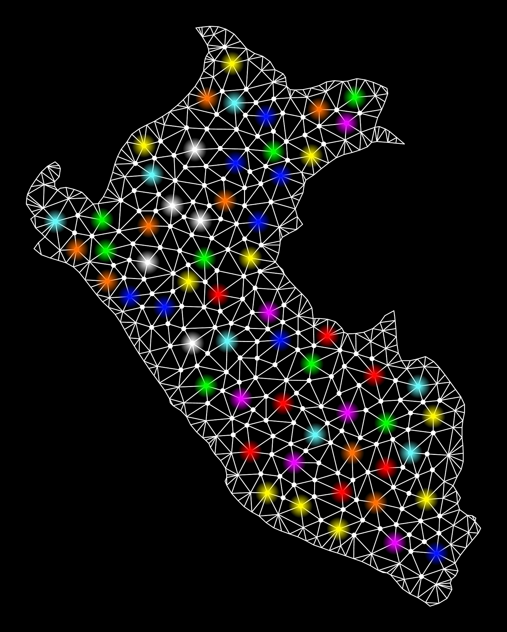 mesh network map of peru with colorful light spots