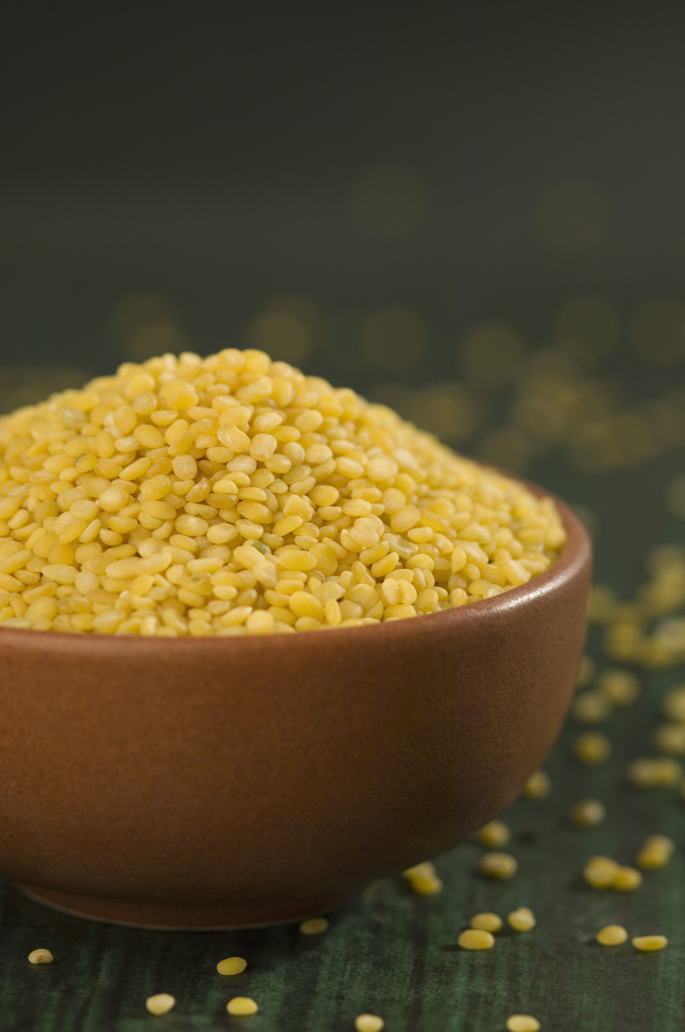 close-up of fried split green grams in a bowl