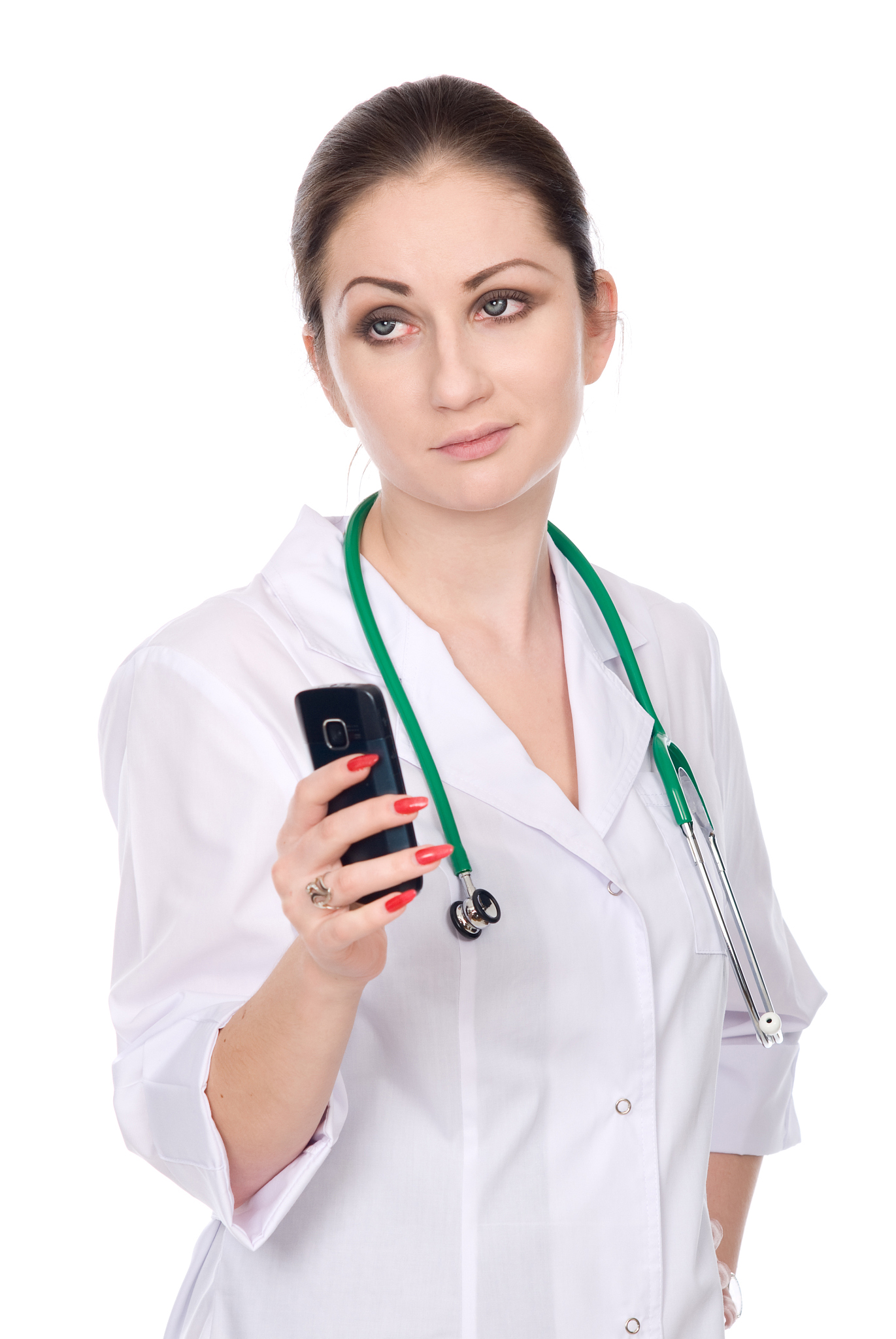 upset woman doctor with mobile phone