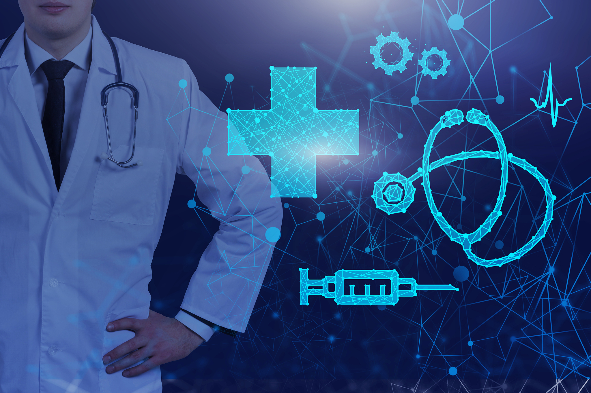 man doctor, blue medical interface