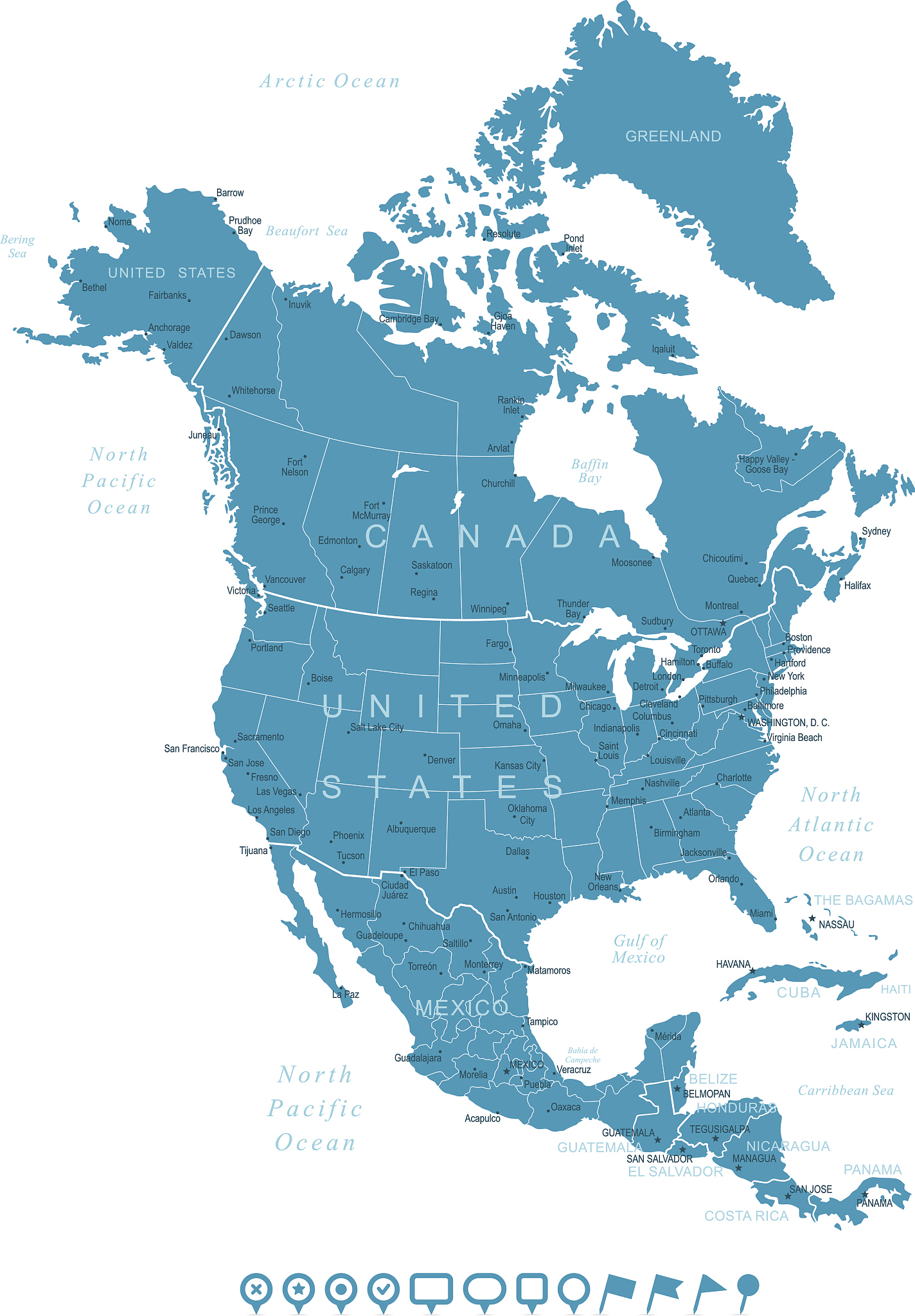 map of north america and navigation icons
