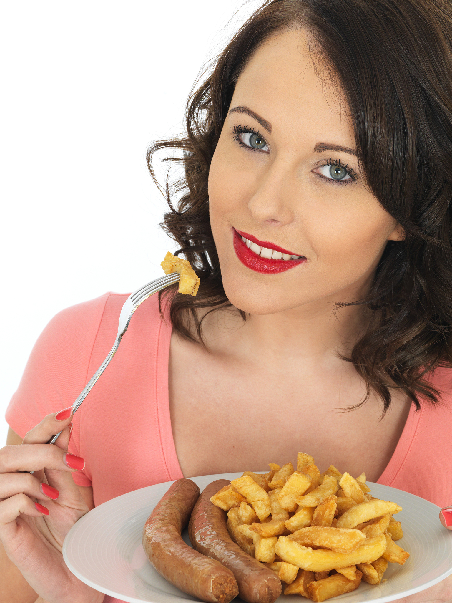 young woman holding a large plate jumbo sausage and chips