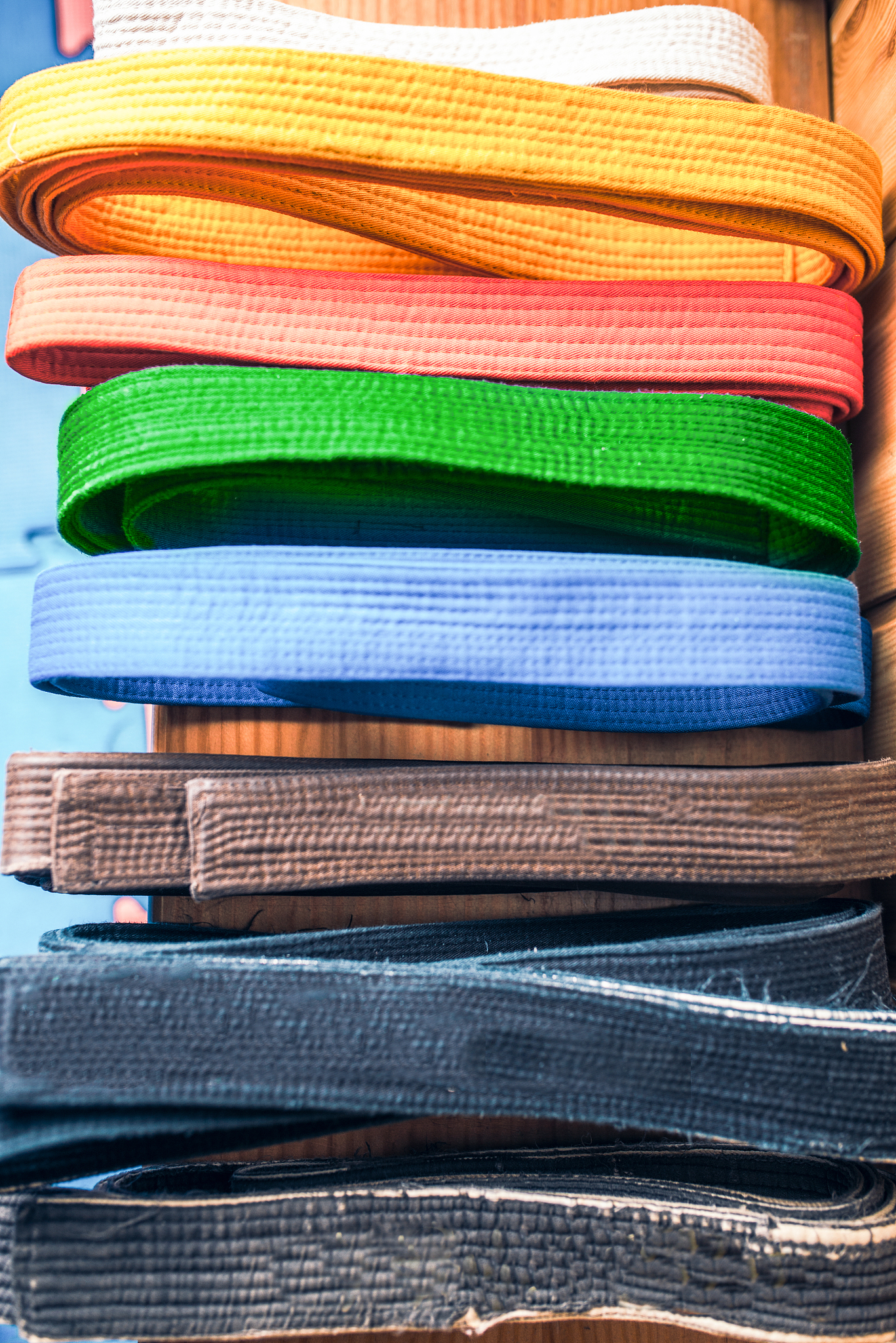 martial arts, brown, orange, blue and black belts