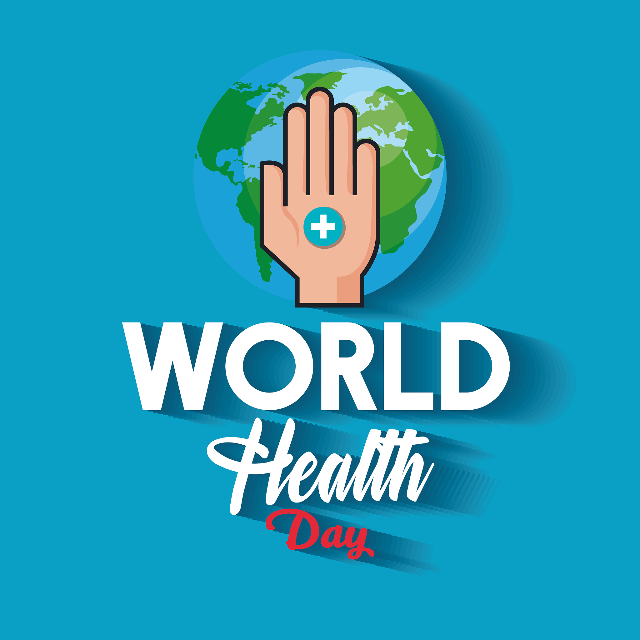 earth planet with hand and cross to health day