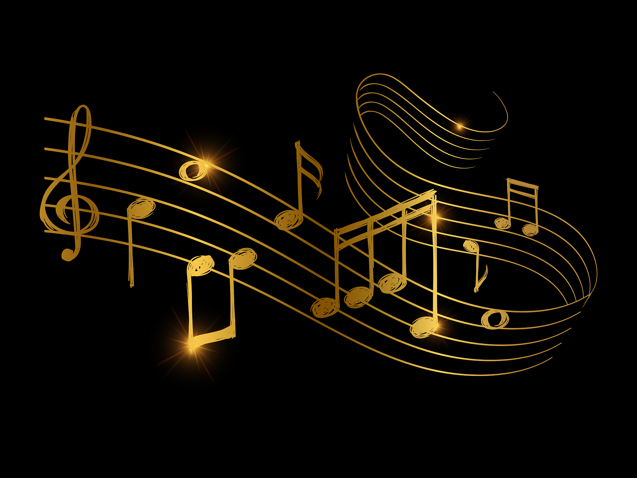 sketch of golden musical sound wave with music notes