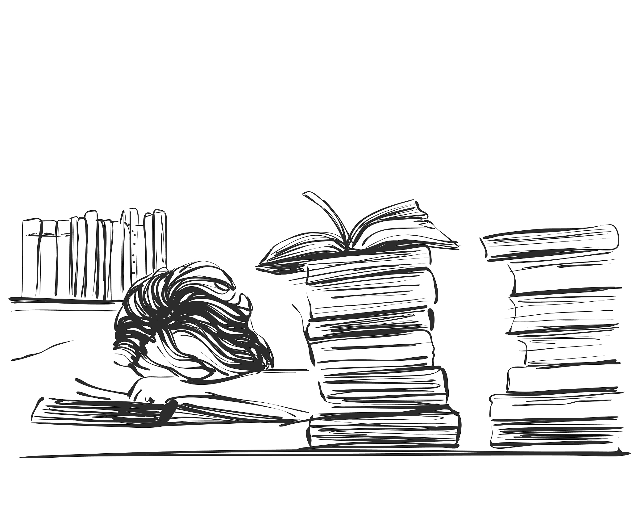 young woman sleeping among books at the table.