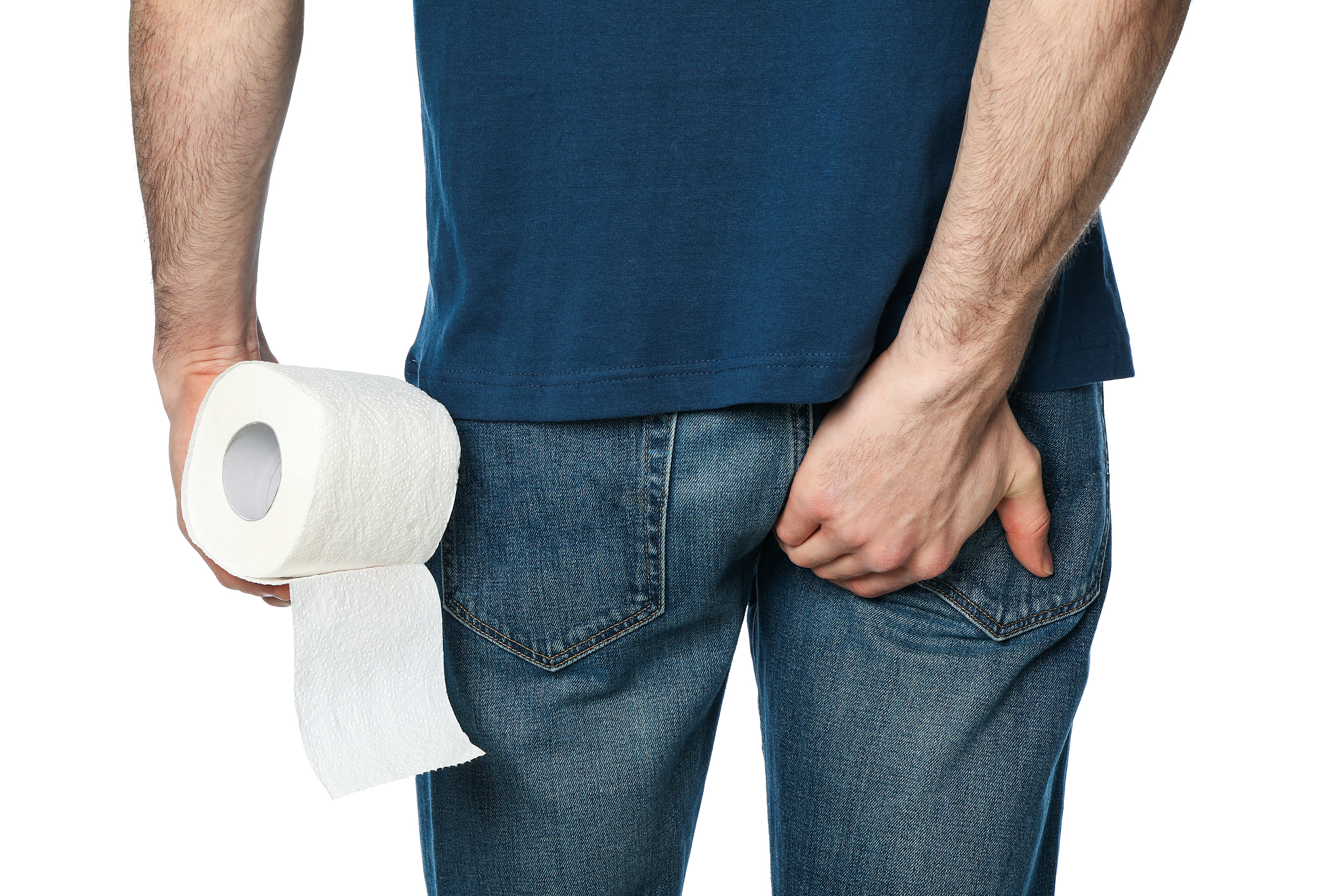 man holding his butt and toilet paper, isolated on white backgro