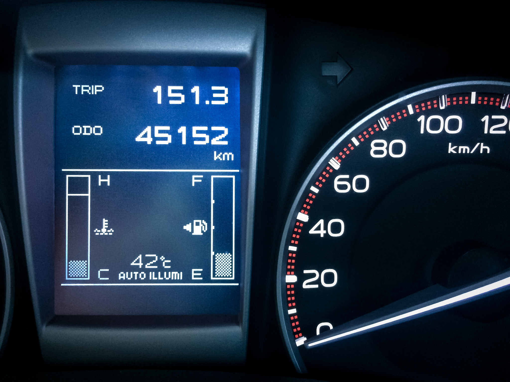 close up shot of car dashboard and speedometer needle.