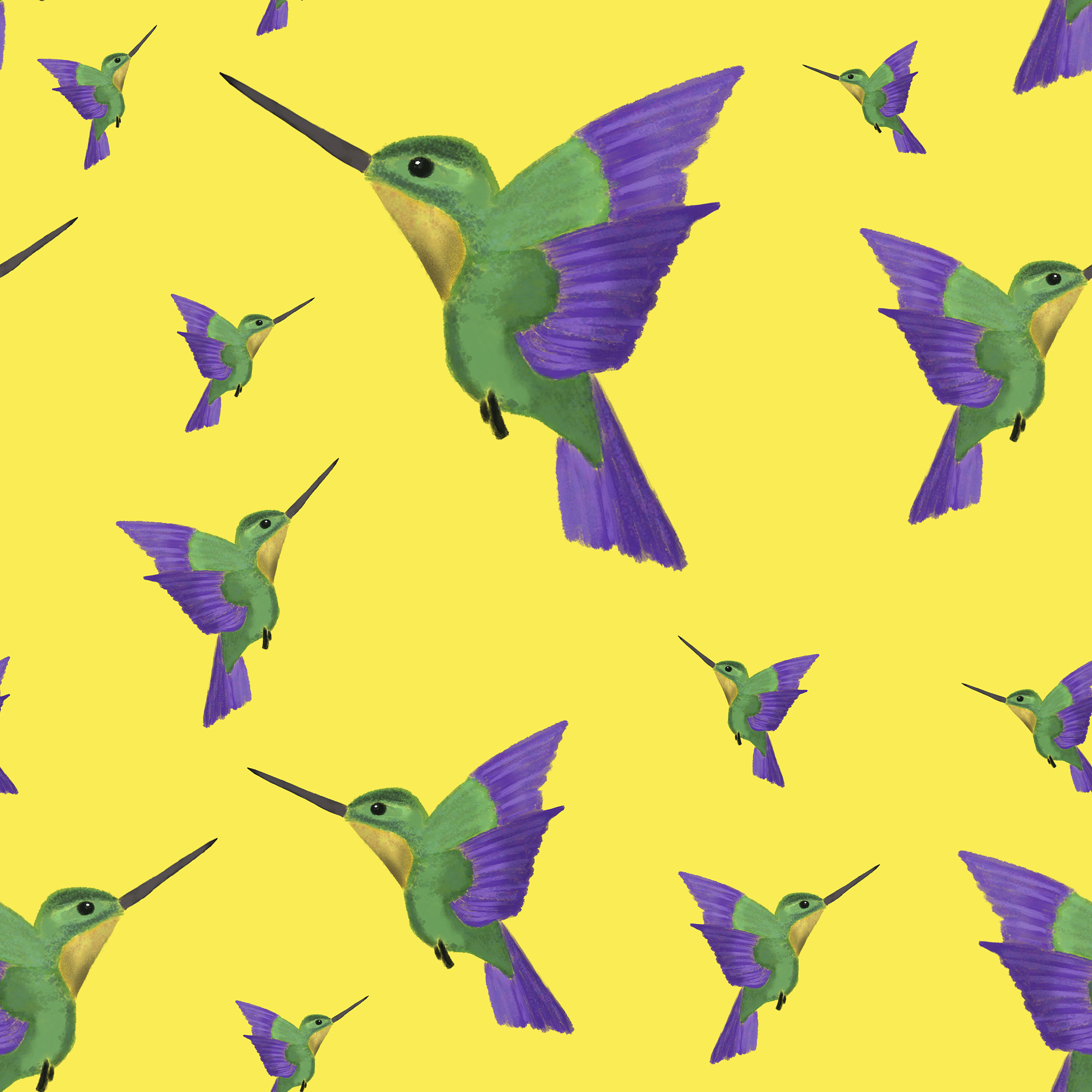 seamless pattern of watercolor green and violet colibri on yello