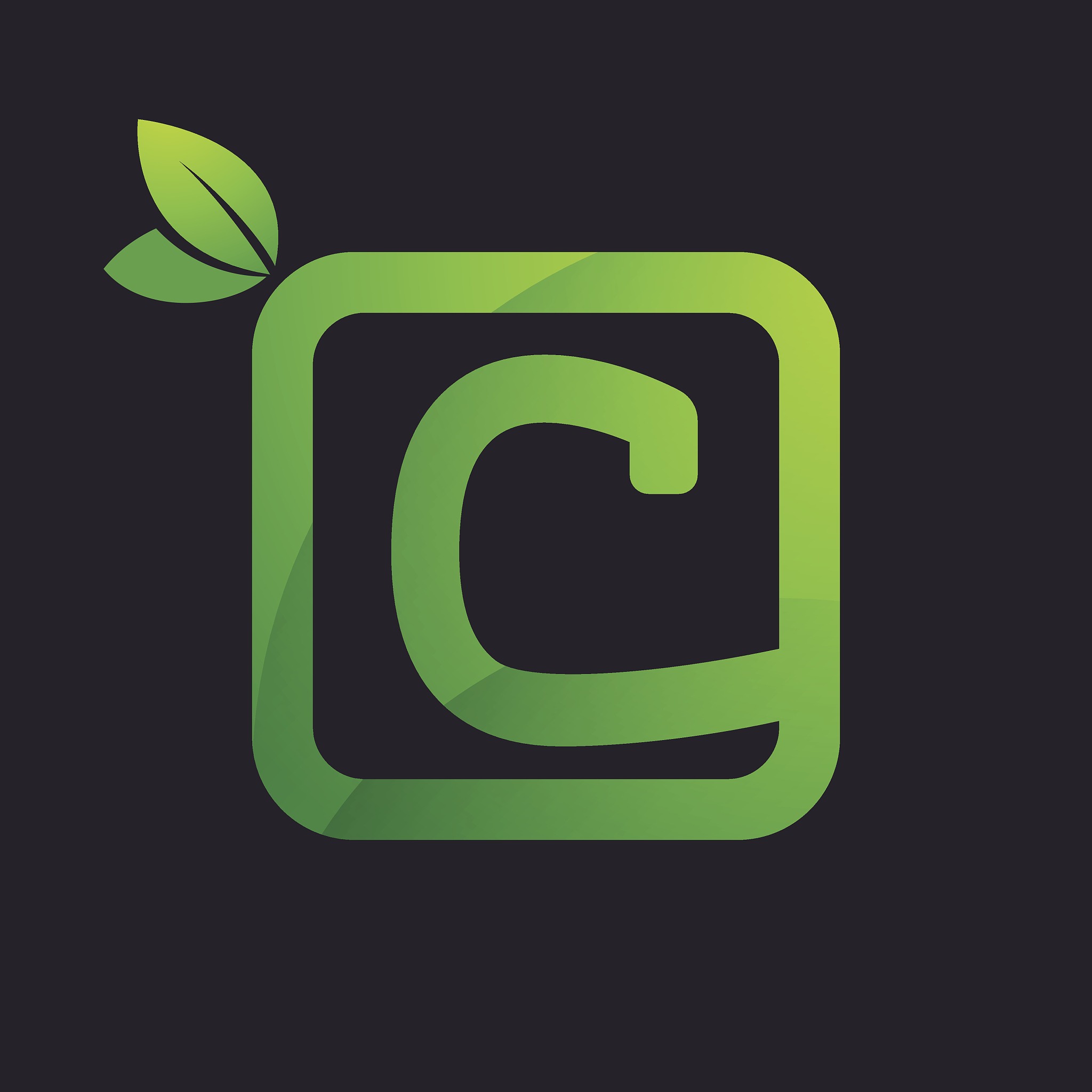 c letter icon in square and green leaves.